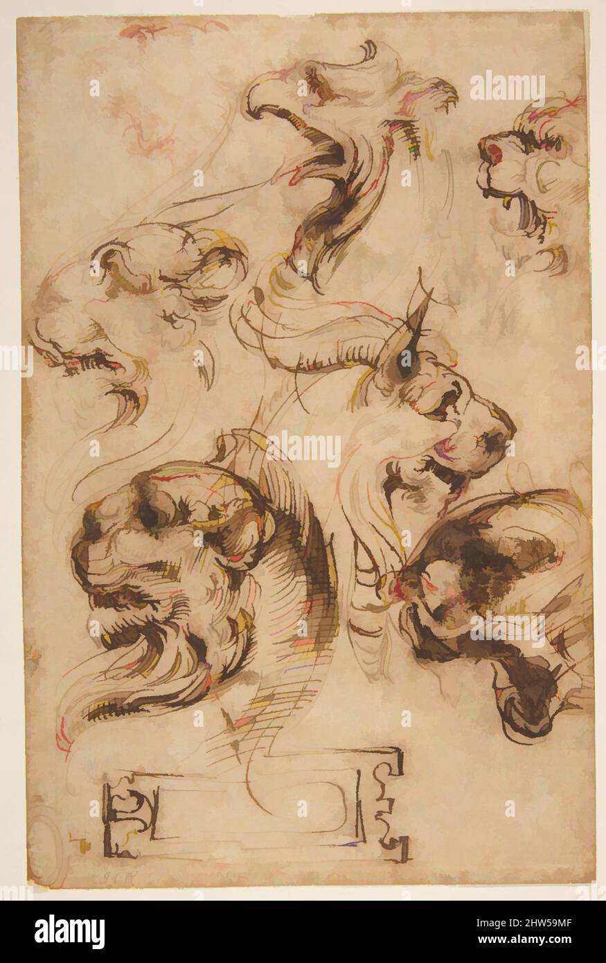 Art inspiré par six études de têtes d'animaux et d'une cartouche, 1527–96, stylo et encre brune, avec tête dans le coin supérieur gauche dessinée en craie rouge, 8 × 5 3/16 po. (20,3 × 13,1 cm), dessins, Pellegrino Tibaldi (Italien, Puria di Valsolda 1527–1596 Milan), précédemment attribué à Perino del, oeuvres classiques modernisées par Artotop avec un peu de modernité. Formes, couleur et valeur, impact visuel accrocheur sur l'art émotions par la liberté d'œuvres d'art d'une manière contemporaine. Un message intemporel qui cherche une nouvelle direction créative. Artistes qui se tournent vers le support numérique et créent le NFT Artotop Banque D'Images