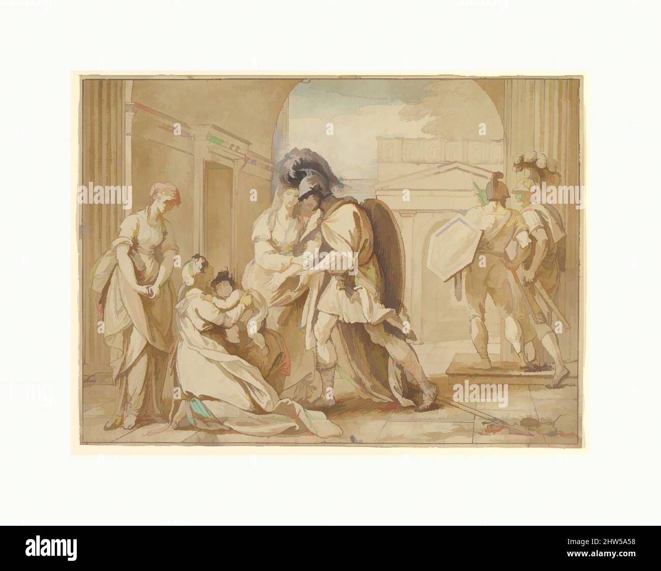 Art inspiré par Hector prenant congé d'Andromache: La Fright d'Astyanax, 1766, stylo, encre brune, pinceau, lavage brun, aquarelle bleue, touches de gouache sur des traces de craie noire, 14 x 19 po (35,6 x 48,3 cm), dessins, Benjamin West (américain, Swarthmore, Pennsylvanie 1738–1820 Londres, Œuvres classiques modernisées par Artotop avec une touche de modernité. Formes, couleur et valeur, impact visuel accrocheur sur l'art émotions par la liberté d'œuvres d'art d'une manière contemporaine. Un message intemporel qui cherche une nouvelle direction créative. Artistes qui se tournent vers le support numérique et créent le NFT Artotop Banque D'Images