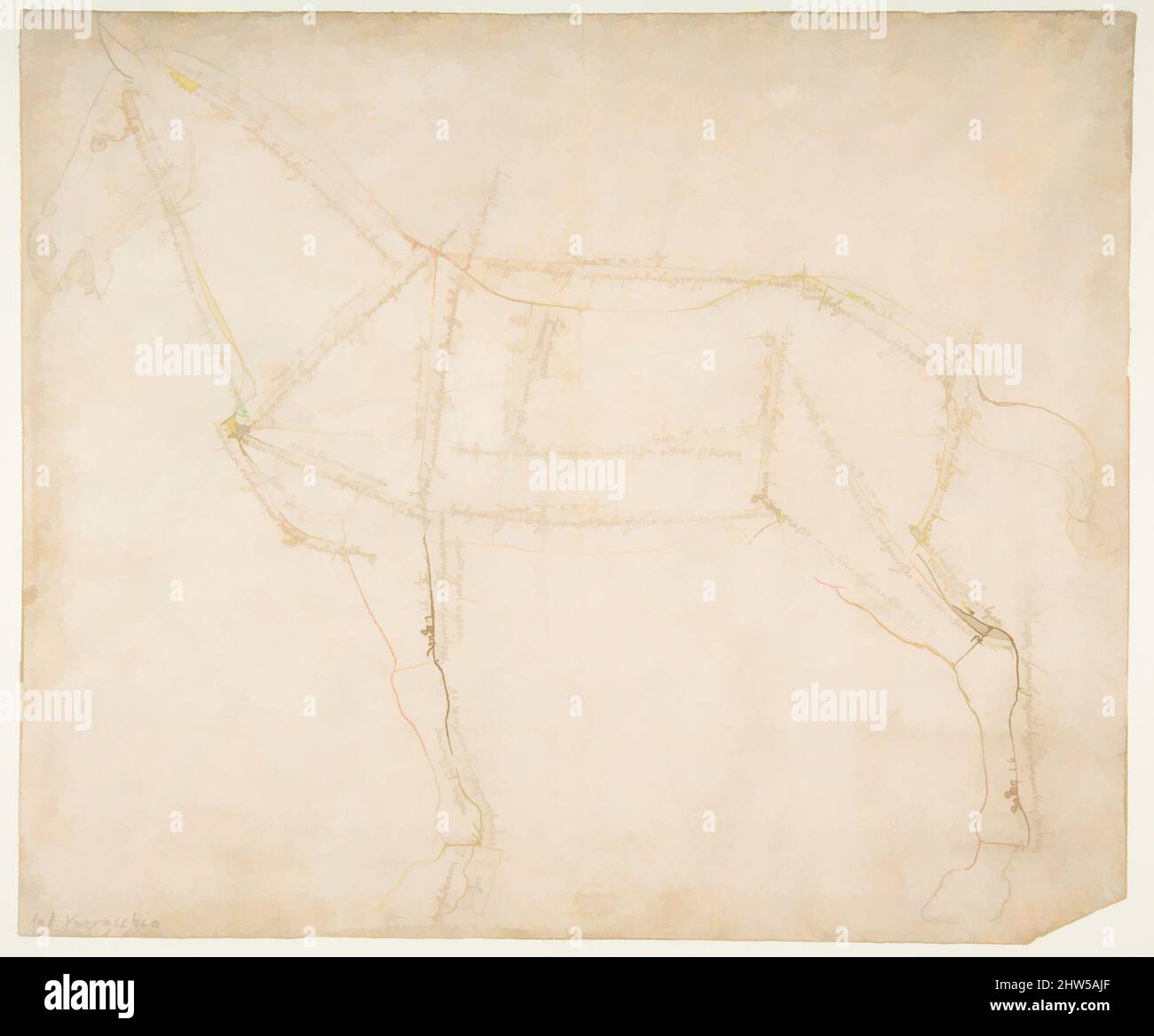 Art inspiré par le dessin mesuré d'un cheval orienté vers la gauche (recto)., ca. 1480–88, stylo et encre marron foncé, sur des traces de craie noire, total : 9 13/16 x 11 11/16 po. (24,9 x 29,7 cm) maximum, dessins, Andrea del Verrocchio (Italien, Florence 1435–1488 Venise), ce dessin est un, des œuvres classiques modernisées par Artotop avec une touche de modernité. Formes, couleur et valeur, impact visuel accrocheur sur l'art émotions par la liberté d'œuvres d'art d'une manière contemporaine. Un message intemporel qui cherche une nouvelle direction créative. Artistes qui se tournent vers le support numérique et créent le NFT Artotop Banque D'Images