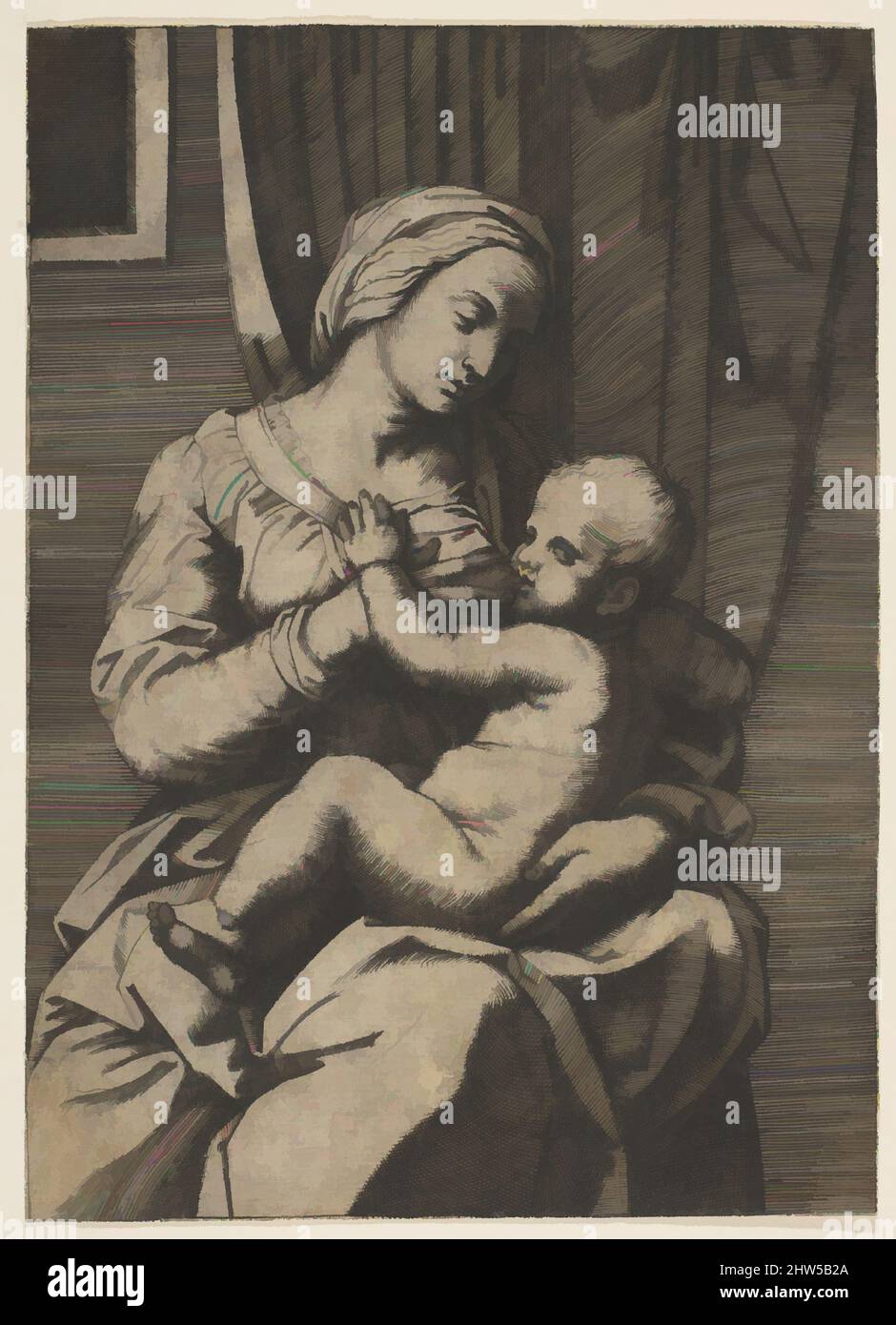 Art inspiré par la Vierge allaitant le bébé Christ sur ses genoux, 1515–20, gravure, feuille (taillée) : 6 9/16 × 4 3/4 po. (16,7 × 12 cm), Prints, Marco Dente (Italien, Ravenne, actif par 1515–mort 1527 Rome), après Raphaël (Raffaello Sanzio ou Santi) (Italien, Urbino 1483–1520 Rome, oeuvres classiques modernisées par Artotop avec une touche de modernité. Formes, couleur et valeur, impact visuel accrocheur sur l'art émotions par la liberté d'œuvres d'art d'une manière contemporaine. Un message intemporel qui cherche une nouvelle direction créative. Artistes qui se tournent vers le support numérique et créent le NFT Artotop Banque D'Images