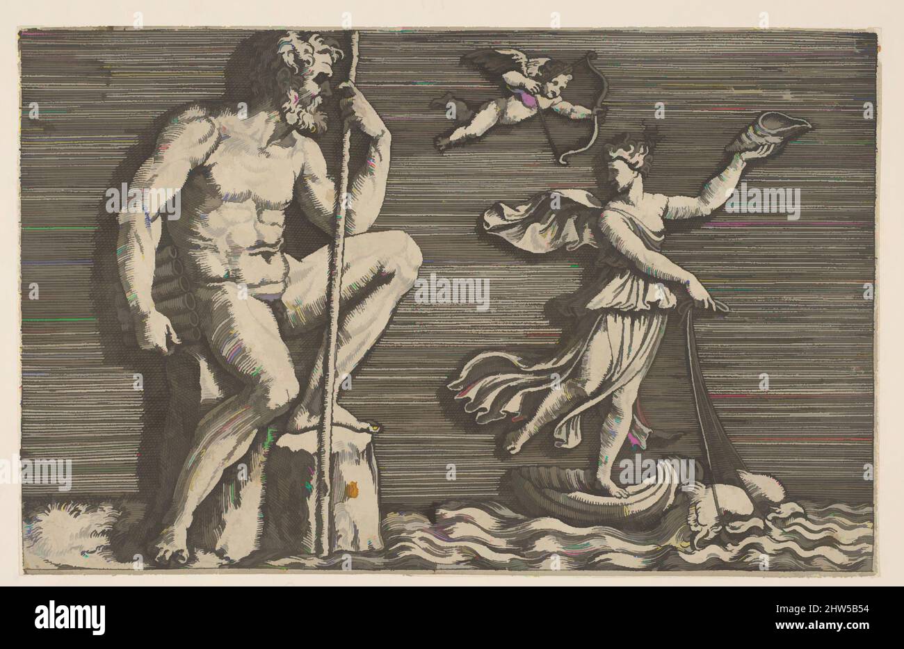 Art inspiré par Galatea échappant de Polyphemus; il est assis sur un rocher tenant un personnel et des tuyaux et regardant vers Galatea à droite en montant une coquille tirée par deux dauphins, Cupid survolant, ca. 1515–27, gravure, feuille (rognée) : 4 3/8 × 6 13/16 po. (11,1 × 17,3 cm), Prints, Marco, oeuvres classiques modernisées par Artotop avec une touche de modernité. Formes, couleur et valeur, impact visuel accrocheur sur l'art émotions par la liberté d'œuvres d'art d'une manière contemporaine. Un message intemporel qui cherche une nouvelle direction créative. Artistes qui se tournent vers le support numérique et créent le NFT Artotop Banque D'Images