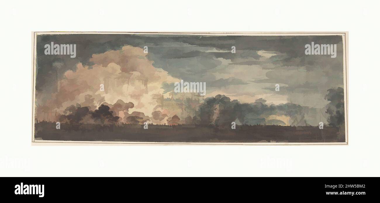 L'art inspiré par la paix de 1814 et le centenaire de la Maison du Brunswick: 'L'effet précédent à la découverte du temple illuminé de la paix et de la concorde dans le parc St. James's, Londres, le 1 août 1815' devrait être 1814, ca. 1814, Aquarelle, feuille : 3 1/8 × 9 5/16 po. (8 × 23,6 cm), dessins, oeuvres classiques modernisées par Artotop avec une touche de modernité. Formes, couleur et valeur, impact visuel accrocheur sur l'art émotions par la liberté d'œuvres d'art d'une manière contemporaine. Un message intemporel qui cherche une nouvelle direction créative. Artistes qui se tournent vers le support numérique et créent le NFT Artotop Banque D'Images