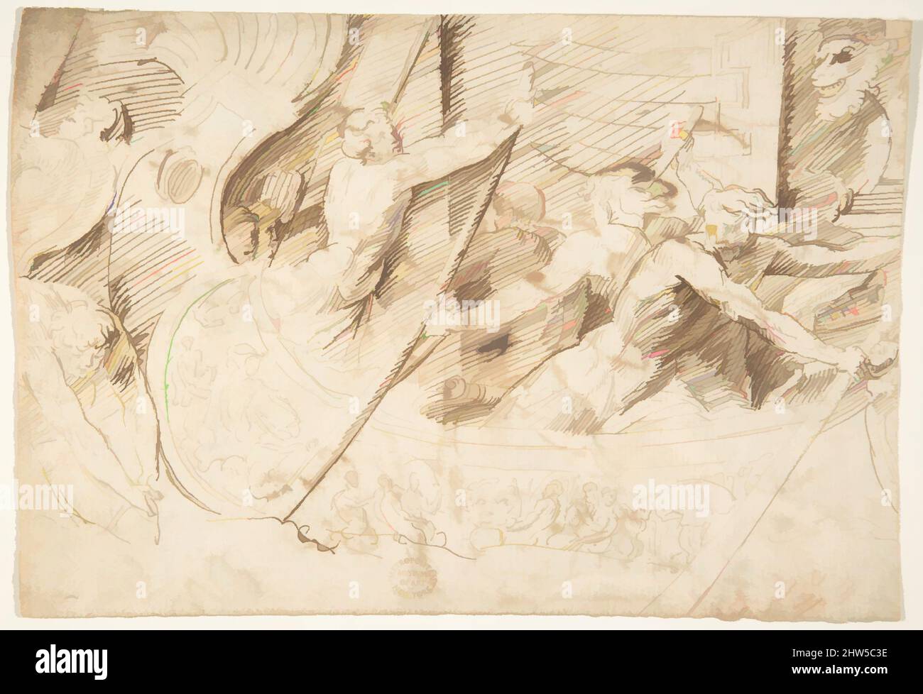 Art inspiré par Naval Battle (Recto); Forest with Angel (Verso), 16th Century, Pen and Brown Ink (recto); Pen and Brown Ink, Brush and Grey wash (Verso), 5-5/8 x 8-1/4 po. (14,3 x 21,0 cm), dessins, Anonyme, Italien, 16th Century (Italien, Italie centrale active, env. 1550–1580), après, les œuvres classiques modernisées par Artotop avec une touche de modernité. Formes, couleur et valeur, impact visuel accrocheur sur l'art émotions par la liberté d'œuvres d'art d'une manière contemporaine. Un message intemporel qui cherche une nouvelle direction créative. Artistes qui se tournent vers le support numérique et créent le NFT Artotop Banque D'Images