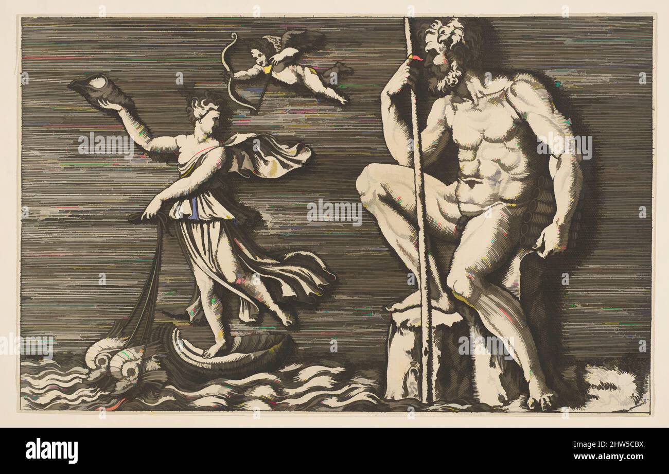 Art inspiré par Galatea échappant de Polyphemus; il est assis sur un rocher tenant un personnel et des tuyaux et regardant vers Galatea à droite en montant une coquille tirée par deux dauphins, Cupid survolant, ca. 1515–1600, gravure, feuille (rognée) : 4 1/4 × 6 11/16 po. (10,8 × 17 cm), Prints, Anonyme, oeuvres classiques modernisées par Artotop avec une touche de modernité. Formes, couleur et valeur, impact visuel accrocheur sur l'art émotions par la liberté d'œuvres d'art d'une manière contemporaine. Un message intemporel qui cherche une nouvelle direction créative. Artistes qui se tournent vers le support numérique et créent le NFT Artotop Banque D'Images