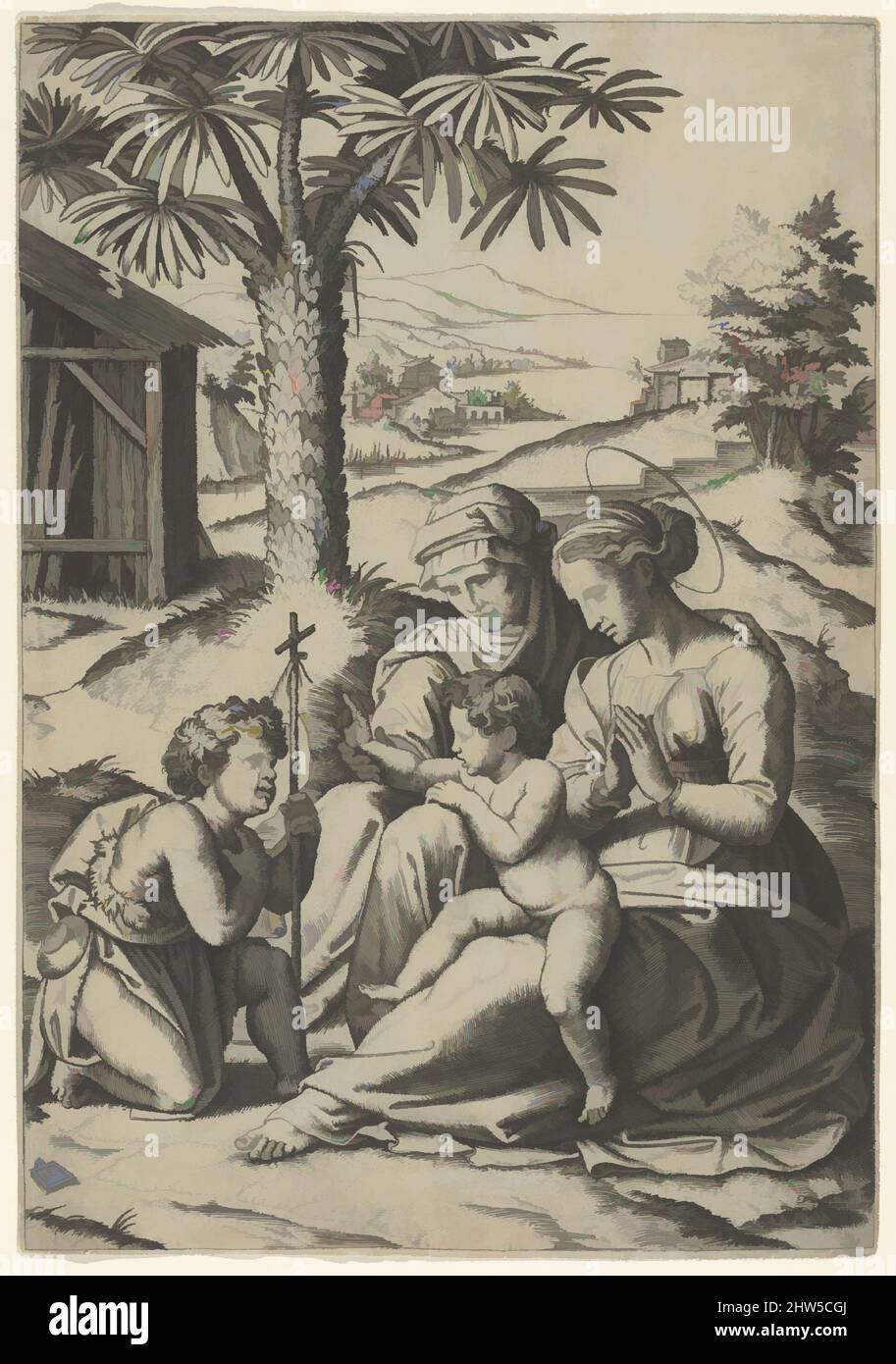 Art inspiré par la Vierge à l'enfant avec Saint Elizabeth et Jean-Baptiste, appelé « la Vierge de l'arbre des palmiers », ca. 1520–25, gravure, 9 3/4 x 6 3/4 pouces (24,7 x 17,1 cm), tirages, Marcantonio Raimondi (italien, Argini (?) env. 1480–avant 1534 Bologne (?)), après Raphaël (Raffaello, oeuvres classiques modernisées par Artotop avec un peu de modernité. Formes, couleur et valeur, impact visuel accrocheur sur l'art émotions par la liberté d'œuvres d'art d'une manière contemporaine. Un message intemporel qui cherche une nouvelle direction créative. Artistes qui se tournent vers le support numérique et créent le NFT Artotop Banque D'Images