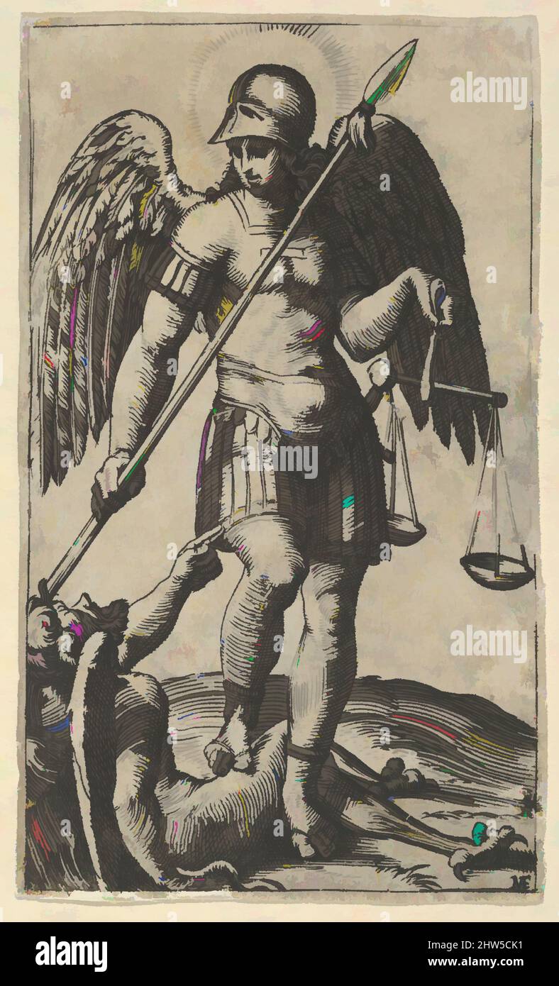 Art inspiré par Saint Michael tenant des écailles et une lance, un démon sous lui, de la série 'Piccoli Santi' (Small Saints), ca. 1500–1527, gravure, 3 1/4 x 1 7/8 pouces (8,2 x 4,8 cm), tirages, Marcantonio Raimondi (italien, Argini (?) env. 1480–avant 1534 Bologne, les œuvres classiques modernisées par Artotop avec une touche de modernité. Formes, couleur et valeur, impact visuel accrocheur sur l'art émotions par la liberté d'œuvres d'art d'une manière contemporaine. Un message intemporel qui cherche une nouvelle direction créative. Artistes qui se tournent vers le support numérique et créent le NFT Artotop Banque D'Images