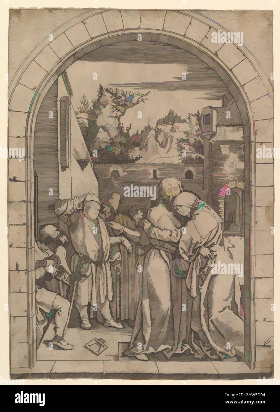 Art inspiré par Joachim embrassant Sainte Anne sous la porte d'or de Jérusalem, après Dürer, ca. 1500–1534, gravure ; deuxième état de deux, feuille : 11 1/4 × 8 1/16 po. (28,5 × 20,5 cm), tirages, Marcantonio Raimondi (italien, Argini (?) env. 1480–avant 1534 Bologne (?)), après Albrecht, les œuvres classiques modernisées par Artotop avec une touche de modernité. Formes, couleur et valeur, impact visuel accrocheur sur l'art émotions par la liberté d'œuvres d'art d'une manière contemporaine. Un message intemporel qui cherche une nouvelle direction créative. Artistes qui se tournent vers le support numérique et créent le NFT Artotop Banque D'Images