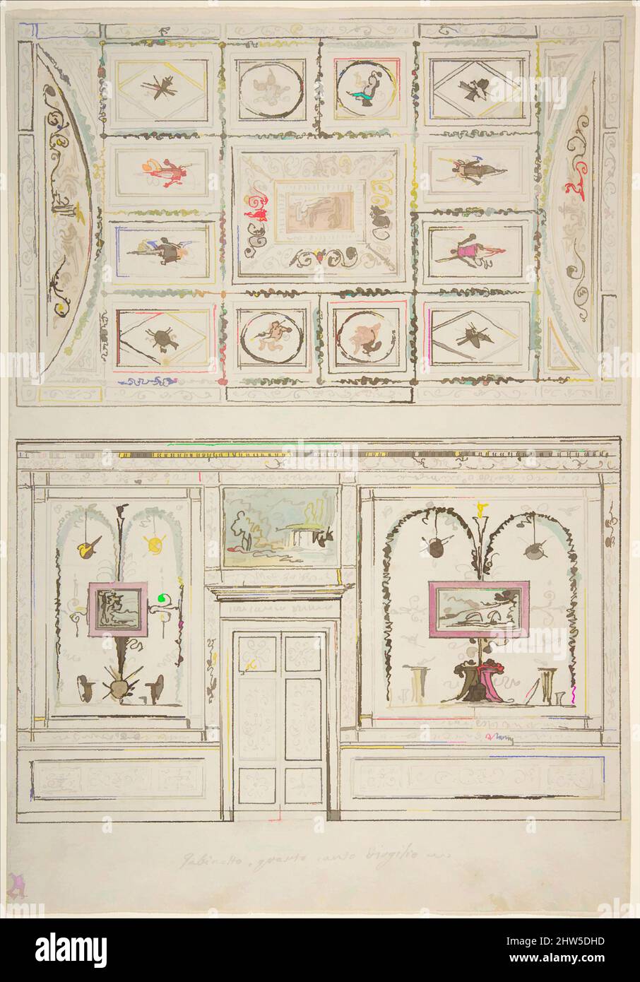Art inspiré par le design pour la décoration d'un mur et d'un plafond d'un 'Gabinetto' lié au quatrième Canto de Virgile, 1758–1823, encre stylo et marron, pinceau et lavage rose, jaune, orange et bleu-vert, sur des traces de point d'entrée, 11 11/16 x 8 1/16 po. (29,7 x 20,5 cm), Felice Giani (Italien, oeuvres classiques modernisées par Artotop avec une touche de modernité. Formes, couleur et valeur, impact visuel accrocheur sur l'art émotions par la liberté d'œuvres d'art d'une manière contemporaine. Un message intemporel qui cherche une nouvelle direction créative. Artistes qui se tournent vers le support numérique et créent le NFT Artotop Banque D'Images