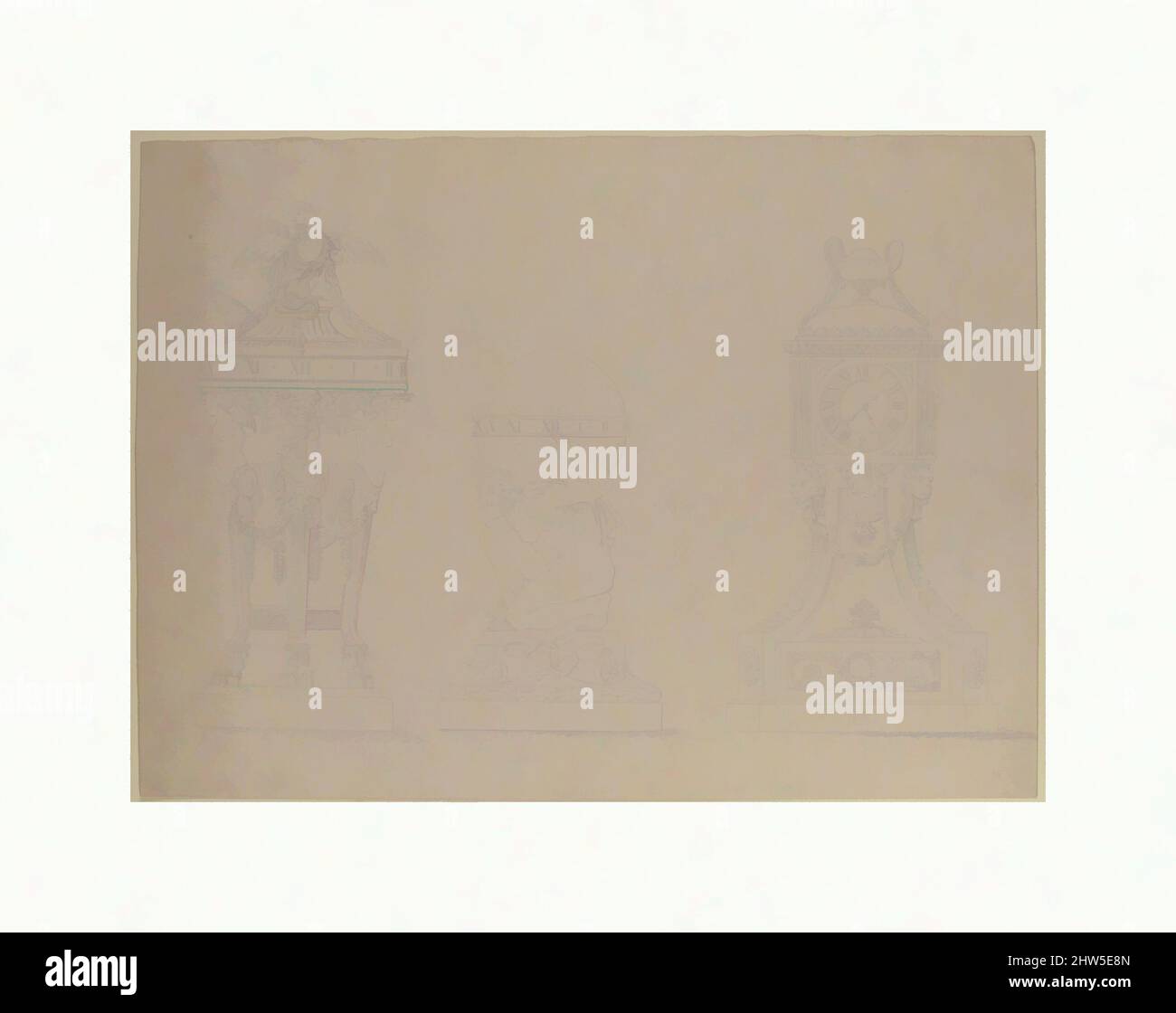 Art inspiré par le design pour trois horloges, fin du 18th siècle, Graphite, 10 3/4 x 14 11/16 po. (27,3 x 37,3 cm), dessins, anonymes, français, 18th siècle, Œuvres classiques modernisées par Artotop avec une touche de modernité. Formes, couleur et valeur, impact visuel accrocheur sur l'art émotions par la liberté d'œuvres d'art d'une manière contemporaine. Un message intemporel qui cherche une nouvelle direction créative. Artistes qui se tournent vers le support numérique et créent le NFT Artotop Banque D'Images