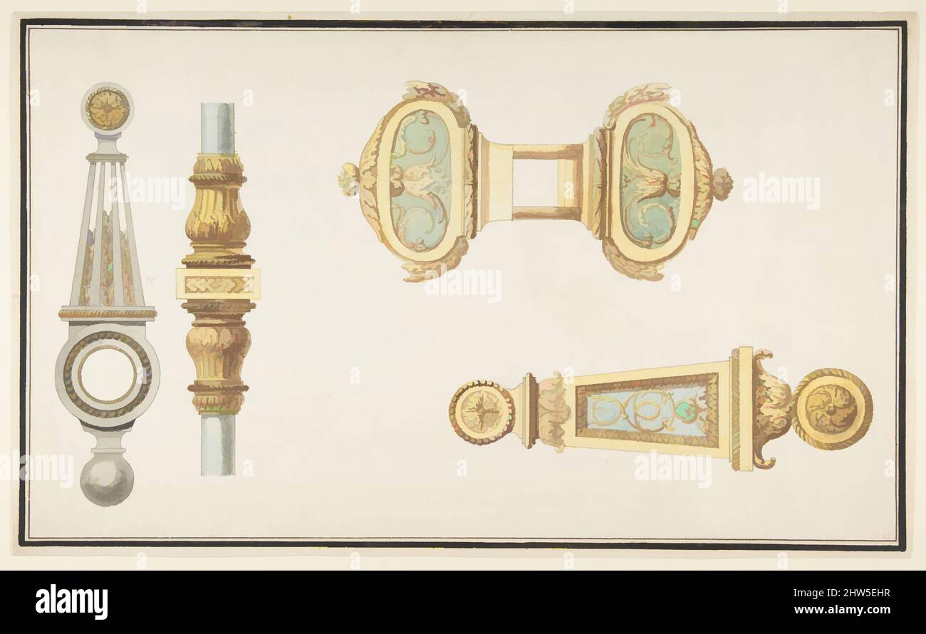 Art inspiré par Designs for Door Hardware, env. 1775–85, Graphite, stylo et encre grise, pinceau et marron, bleu, jaune, gris, et lavage vert. Lignes de cadrage au stylo et à l'encre noire, 10 15/16 x 18 1/16 cm (27,8 x 45,9 cm), dessins, anonymes, français, 18th siècle, Œuvres classiques modernisées par Artotop avec une touche de modernité. Formes, couleur et valeur, impact visuel accrocheur sur l'art émotions par la liberté d'œuvres d'art d'une manière contemporaine. Un message intemporel qui cherche une nouvelle direction créative. Artistes qui se tournent vers le support numérique et créent le NFT Artotop Banque D'Images