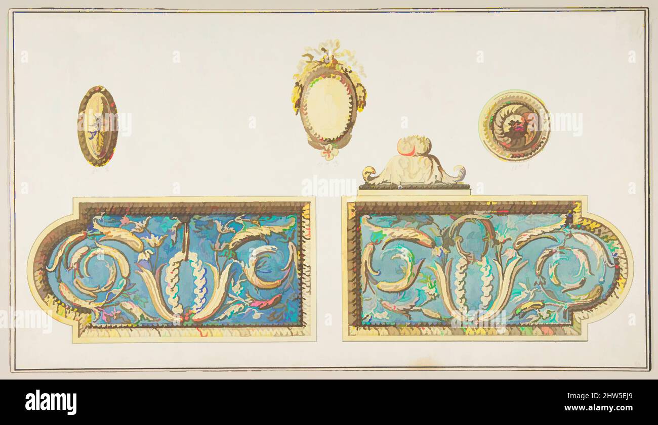 Art inspiré par Designs for Door Hardware, env. 1775–85, stylo et encre brune, pinceau et lavage marron, jaune et bleu. Lignes de cadrage au stylo et à l'encre, 9 1/4 x 16 1/4 cm (23,5 x 41,3 cm), dessins, anonymes, français, 18th siècle, Œuvres classiques modernisées par Artotop avec une touche de modernité. Formes, couleur et valeur, impact visuel accrocheur sur l'art émotions par la liberté d'œuvres d'art d'une manière contemporaine. Un message intemporel qui cherche une nouvelle direction créative. Artistes qui se tournent vers le support numérique et créent le NFT Artotop Banque D'Images