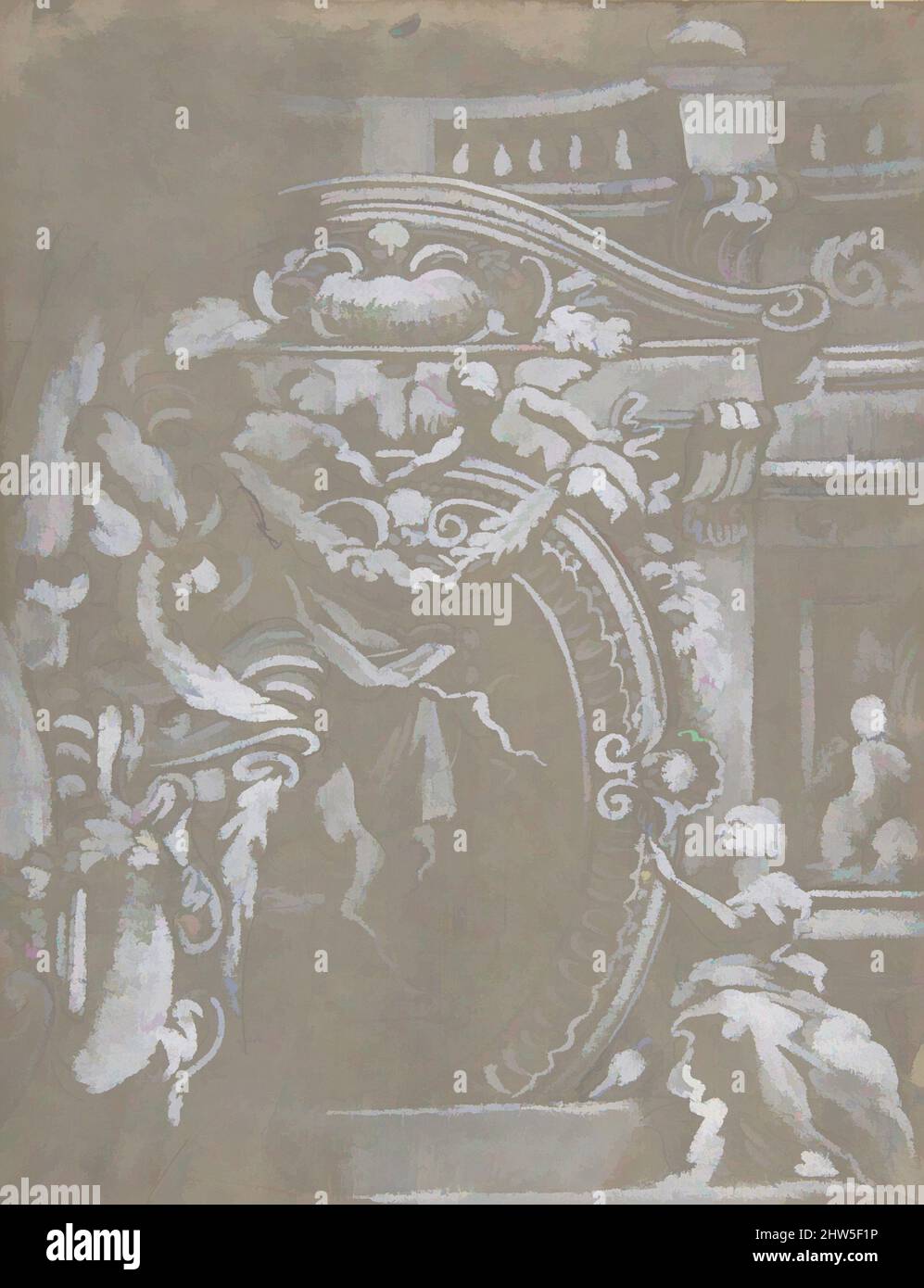 Art inspiré par le design ornemental pour un monument mural surmonté d'une balustrade avec des figures humaines, des angels tenant des guirlandes et des draperies (recto et verso)., 1647–1726, pinceau et gouache blanc sur craie noire sur papier gris préparé (recto et verso), feuille: 10 5/16 x 7 15/16 po. (26., oeuvres classiques modernisées par Artotop avec une touche de modernité. Formes, couleur et valeur, impact visuel accrocheur sur l'art émotions par la liberté d'œuvres d'art d'une manière contemporaine. Un message intemporel qui cherche une nouvelle direction créative. Artistes qui se tournent vers le support numérique et créent le NFT Artotop Banque D'Images