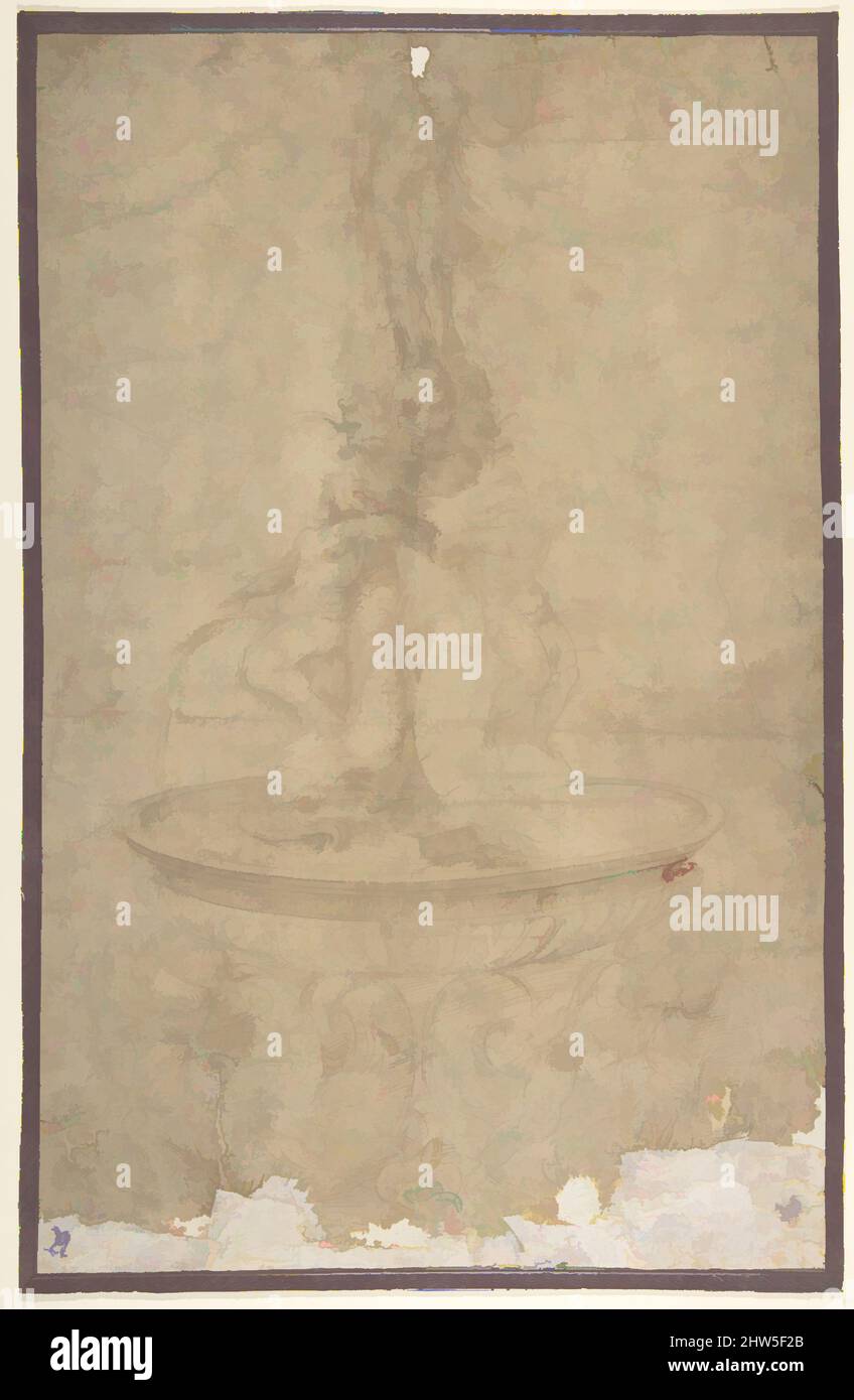 Art inspiré par le design pour une fontaine avec des chevaux de mer et de Triton base, Basin, dauphins et Tritons, trois têtes grotesques et Neptune, ca. 1550, stylo et encre marron, 15 1/4 x 9 3/4in. (38,7 x 24,8cm), Battista Franco (italien, Venise ca. 1510–1561 Venise, œuvres classiques modernisées par Artotop avec une touche de modernité. Formes, couleur et valeur, impact visuel accrocheur sur l'art émotions par la liberté d'œuvres d'art d'une manière contemporaine. Un message intemporel qui cherche une nouvelle direction créative. Artistes qui se tournent vers le support numérique et créent le NFT Artotop Banque D'Images
