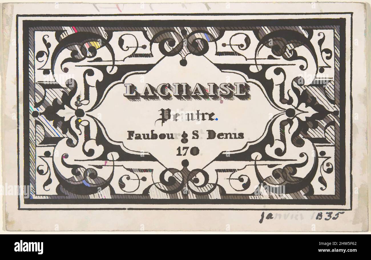 Art inspiré par Trade Card, janvier 1835, encre noire, 2 1/4 x 3 5/8 po. (5,7 x 9,2 cm), dessins, Jules-Edmond-Charles Lachaise (français, mort en 1897, oeuvres classiques modernisées par Artotop avec une touche de modernité. Formes, couleur et valeur, impact visuel accrocheur sur l'art émotions par la liberté d'œuvres d'art d'une manière contemporaine. Un message intemporel qui cherche une nouvelle direction créative. Artistes qui se tournent vers le support numérique et créent le NFT Artotop Banque D'Images