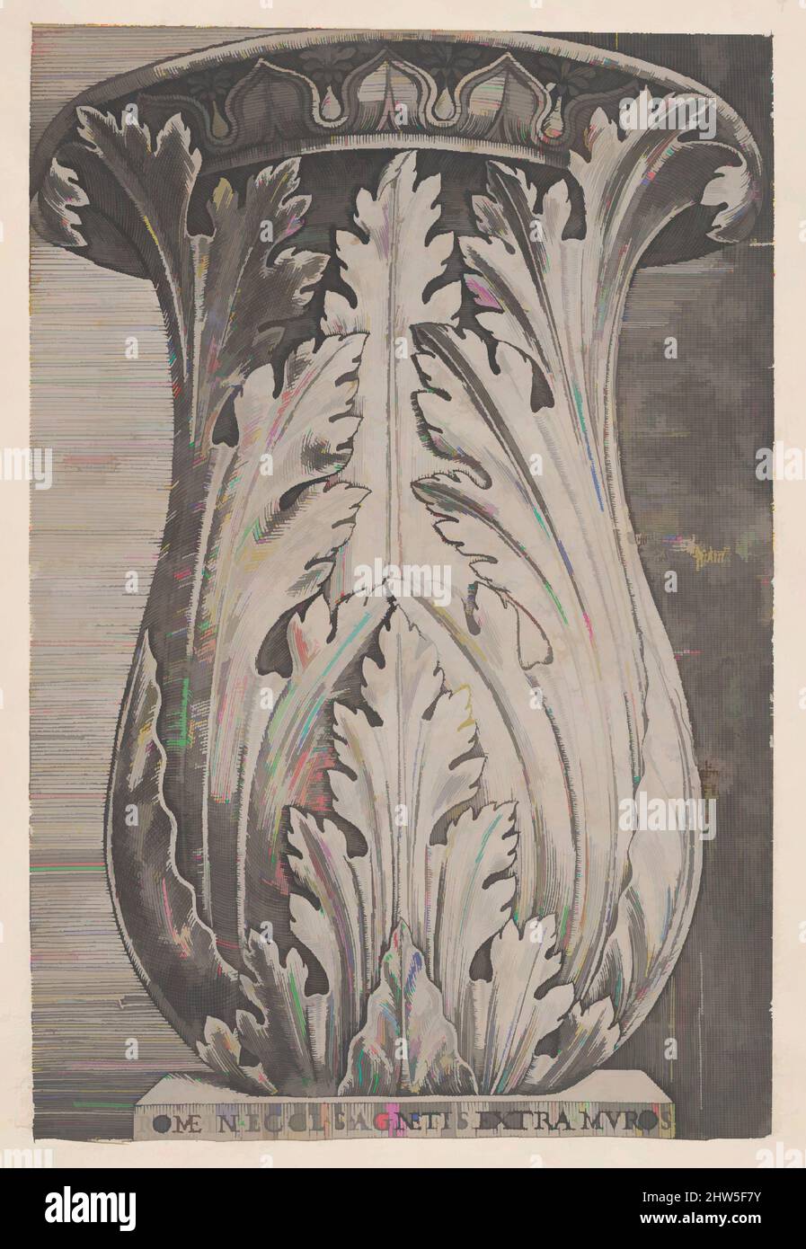 Art inspiré par Speculum Romanae Magnificatiae : vase entouré de feuilles d'Acanthus, ca. 1514–36, gravure, feuille : 12 3/8 x 13 3/16 po. (31,5 x 33,5 cm), tirages, attribués à Agostino Veneziano (Agostino dei Musi) (italien, Venise ca. 1490–après 1536 Rome, oeuvres classiques modernisées par Artotop avec une touche de modernité. Formes, couleur et valeur, impact visuel accrocheur sur l'art émotions par la liberté d'œuvres d'art d'une manière contemporaine. Un message intemporel qui cherche une nouvelle direction créative. Artistes qui se tournent vers le support numérique et créent le NFT Artotop Banque D'Images