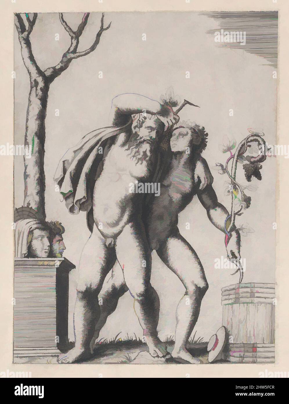 Art inspiré par Speculum Romanae Magnificatiae : jeune et ancien Bacchant, ca. 1514–36, gravure, feuille : 6 3/4 x 5 1/8 po. (17,2 x 13 cm), tirages, Marcantonio Raimondi (italien, Argini (?) env. 1480–avant 1534 Bologne (?)), après Raphaël (Raffaello Sanzio ou Santi) (Italien, Urbino 1483, oeuvres classiques modernisées par Artotop avec une touche de modernité. Formes, couleur et valeur, impact visuel accrocheur sur l'art émotions par la liberté d'œuvres d'art d'une manière contemporaine. Un message intemporel qui cherche une nouvelle direction créative. Artistes qui se tournent vers le support numérique et créent le NFT Artotop Banque D'Images