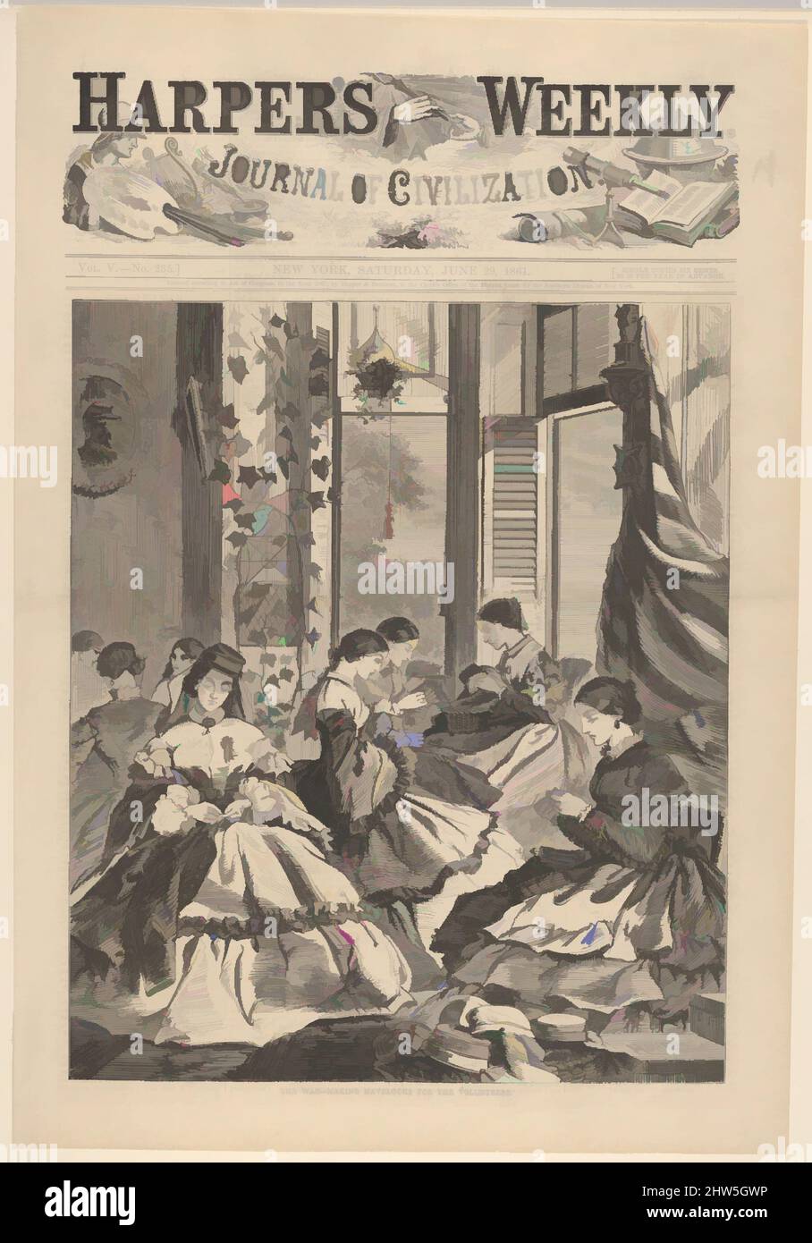 Art inspiré par la guerre – Making Havelocks for the Volunteers (Harper's Weekly, vol. V), 29 juin 1861, Wood gravure, image : 10 7/8 x 9 1/4 po (27,6 x 23,5 cm), Prints, Winslow Homer (American, Boston, Massachusetts 1836–1910 Prouts Neck, Maine), Homer a conçu cet imprimé en juin, les œuvres classiques modernisées par Artotop avec une touche de modernité. Formes, couleur et valeur, impact visuel accrocheur sur l'art émotions par la liberté d'œuvres d'art d'une manière contemporaine. Un message intemporel qui cherche une nouvelle direction créative. Artistes qui se tournent vers le support numérique et créent le NFT Artotop Banque D'Images