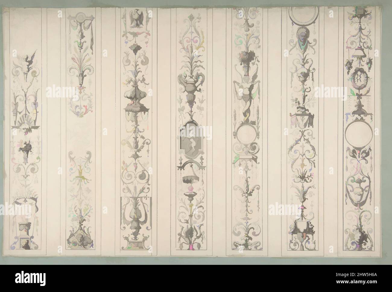 Art inspiré par le design de sept panneaux verticaux de décoration arabesque, Farnsborough, Angleterre, 1880–86, stylo et encre noire, pinceau et gris, graphite, 11 3/16 x 16 15/16 po. (28,4 x 43 cm), dessins, Jules-Edmond-Charles Lachaise (français, mort en 1897), Eugène-Pierre Gourdet (français, Œuvres classiques modernisées par Artotop avec une touche de modernité. Formes, couleur et valeur, impact visuel accrocheur sur l'art émotions par la liberté d'œuvres d'art d'une manière contemporaine. Un message intemporel qui cherche une nouvelle direction créative. Artistes qui se tournent vers le support numérique et créent le NFT Artotop Banque D'Images