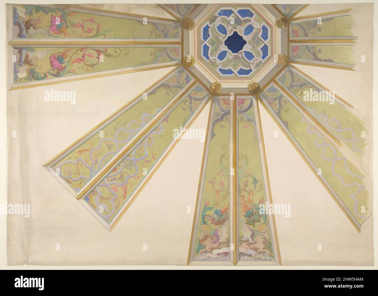 Art inspiré par le design de la Cupola intérieure d'une chapelle à dôme, Farnborough, Angleterre, 1880–86, Aquarelle, doré, stylo et encre grise, graphite, 13 9/16 x 18 13/16 po. (34,4 x 47,8 cm), dessins, Jules-Edmond-Charles Lachaise (français, mort en 1897), Eugène-Pierre Gourdet (français, Born Paris, Classic œuvres modernisées par Artotop avec une touche de modernité. Formes, couleur et valeur, impact visuel accrocheur sur l'art émotions par la liberté d'œuvres d'art d'une manière contemporaine. Un message intemporel qui cherche une nouvelle direction créative. Artistes qui se tournent vers le support numérique et créent le NFT Artotop Banque D'Images