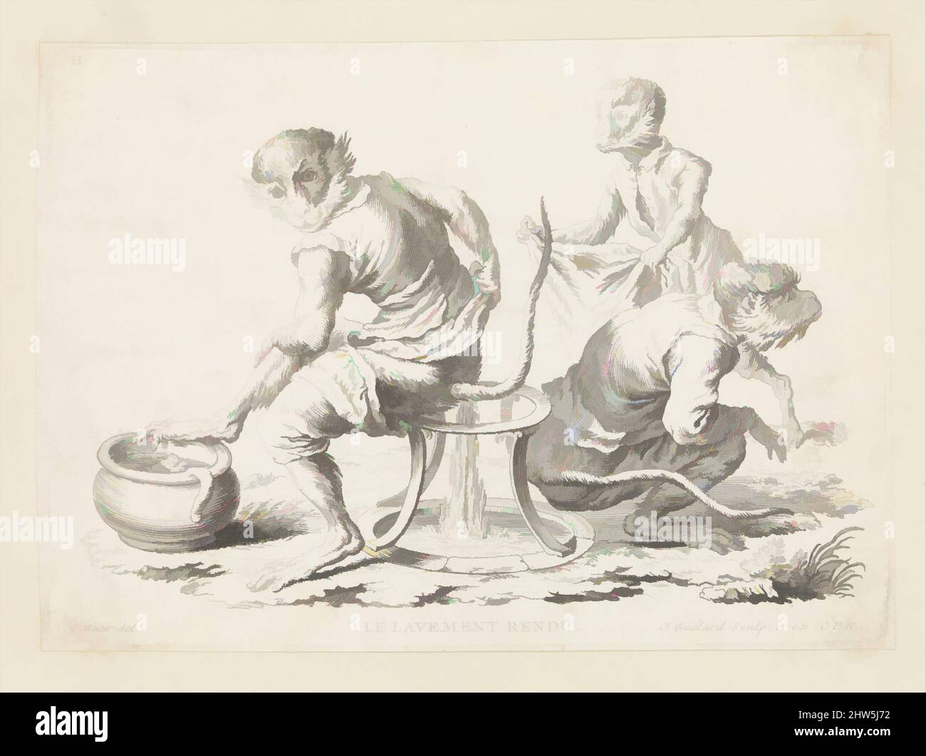 Art inspiré par les Singeries, ou Differentes actions de la vie Humaine, avant 1748, Etching, total: 9 3/4 x 12 15/16 x 1/2 po. (24,8 x 32,9 x 1,3 cm), Livres, J. B. Guélard (français, actif ca. 1730), après Christophe Hüet (français, Pontoise 1700–1759 Paris, oeuvres classiques modernisées par Artotop avec une touche de modernité. Formes, couleur et valeur, impact visuel accrocheur sur l'art émotions par la liberté d'œuvres d'art d'une manière contemporaine. Un message intemporel qui cherche une nouvelle direction créative. Artistes qui se tournent vers le support numérique et créent le NFT Artotop Banque D'Images