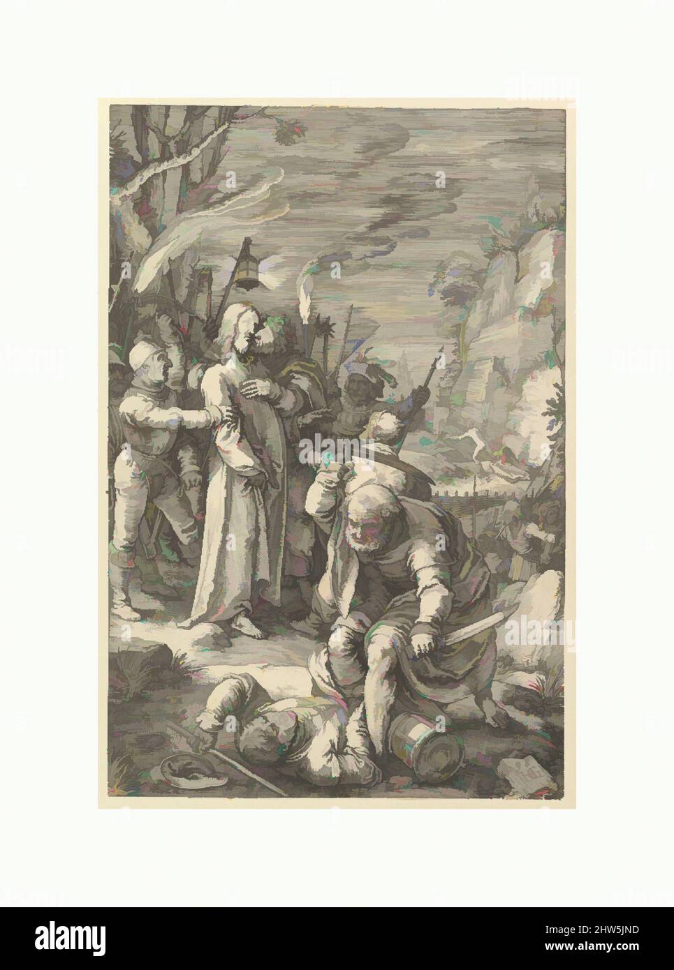 Art inspiré par la trahison du Christ, de la passion du Christ, 1598, gravure; deuxième état de deux, feuille : 7 7/8 x 5 1/8 po. (20 x 13 cm), Prints, Hendrick Goltzius (Netherlandish, Mühlbracht 1558–1617 Haarlem), entre 1596 et 1598 Goltzius gravé cette série de douze estampes, oeuvres classiques modernisées par Artotop avec une touche de modernité. Formes, couleur et valeur, impact visuel accrocheur sur l'art émotions par la liberté d'œuvres d'art d'une manière contemporaine. Un message intemporel qui cherche une nouvelle direction créative. Artistes qui se tournent vers le support numérique et créent le NFT Artotop Banque D'Images