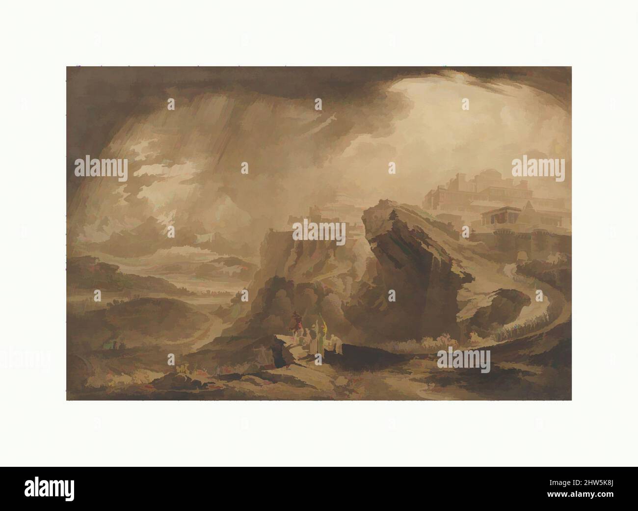 Art inspiré par Joshua commandant le Soleil pour se tenir encore sur Gibeon (Joshua: 10: 12–14), ca. 1822, encre stylo et brune, lavage brun sur la craie rouge, rehaussé de blanc. Carré de craie noire, feuille : 15 7/8 x 24 po. (40,3 x 61 cm), dessins, John Martin (British, Haydon Bridge, Classic œuvres modernisées par Artotop avec une touche de modernité. Formes, couleur et valeur, impact visuel accrocheur sur l'art émotions par la liberté d'œuvres d'art d'une manière contemporaine. Un message intemporel qui cherche une nouvelle direction créative. Artistes qui se tournent vers le support numérique et créent le NFT Artotop Banque D'Images