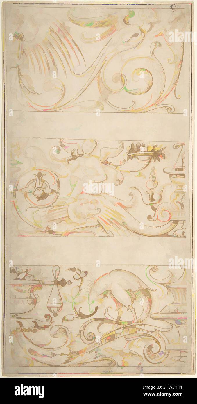 Art inspiré par l'antique-style ornamental Frieze Designs: Grotesques avec Winged Infant, masques, et animaux fantastiques, début 16th siècle, stylo et encre brune, au-dessus du point de passage, sur le papier à poser de buff, total: 13 1/2 x 6 1/2 po. (34,3 x 16,5 cm), dessins, Anonyme, Italien, 16th Century (, Œuvres classiques modernisées par Artotop avec une touche de modernité. Formes, couleur et valeur, impact visuel accrocheur sur l'art émotions par la liberté d'œuvres d'art d'une manière contemporaine. Un message intemporel qui cherche une nouvelle direction créative. Artistes qui se tournent vers le support numérique et créent le NFT Artotop Banque D'Images