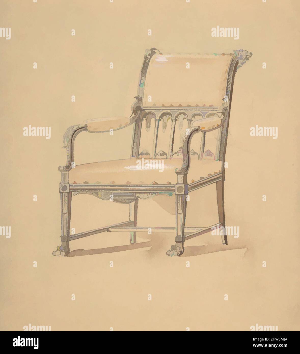 Art inspiré par Design for a chair, 19th Century, Graphite, pinceau et lavage brun, gouache, 7 3/8 x 6 1/4 po (18,7 x 15,8 cm), Anonyme, Français, 19th siècle, oeuvres classiques modernisées par Artotop avec une touche de modernité. Formes, couleur et valeur, impact visuel accrocheur sur l'art émotions par la liberté d'œuvres d'art d'une manière contemporaine. Un message intemporel qui cherche une nouvelle direction créative. Artistes qui se tournent vers le support numérique et créent le NFT Artotop Banque D'Images
