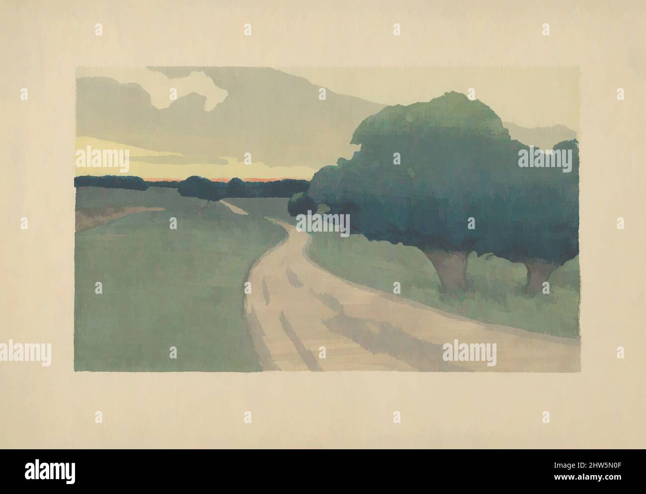 Art inspiré par la route longue – Argilla Road, Ipswich, CA. 1898–1912, coupe de bois couleur, image : 4 1/4 x 7 1/16 po. (10,8 x 17,9 cm), Prints, Arthur Wesley Dow (américain, Ipswich, Massachusetts 1857–1922 New York State), l'orientation horizontale de ce paysage est inhabituelle pour Dow, mais, les œuvres classiques modernisées par Artotop avec un peu de modernité. Formes, couleur et valeur, impact visuel accrocheur sur l'art émotions par la liberté d'œuvres d'art d'une manière contemporaine. Un message intemporel qui cherche une nouvelle direction créative. Artistes qui se tournent vers le support numérique et créent le NFT Artotop Banque D'Images