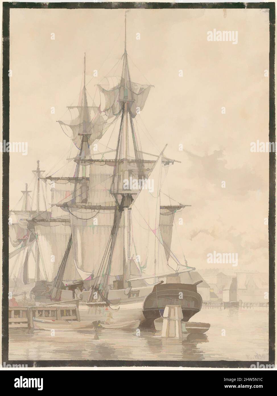 Art inspiré par les bateaux à voile de Wilders Plads, Copenhague, 1830, stylo et encre noire avec lavage brun et gris; large ligne de cadrage à l'encre noire, feuille: 8 7/16 x 6 5/16 po. (21,5 x 16 cm), dessins, Christoffer Wilhelm Eckersberg (Danois, Blåkrog 1783–1853 Copenhague), après avoir passé son temps, des œuvres classiques modernisées par Artotop avec un peu de modernité. Formes, couleur et valeur, impact visuel accrocheur sur l'art émotions par la liberté d'œuvres d'art d'une manière contemporaine. Un message intemporel qui cherche une nouvelle direction créative. Artistes qui se tournent vers le support numérique et créent le NFT Artotop Banque D'Images