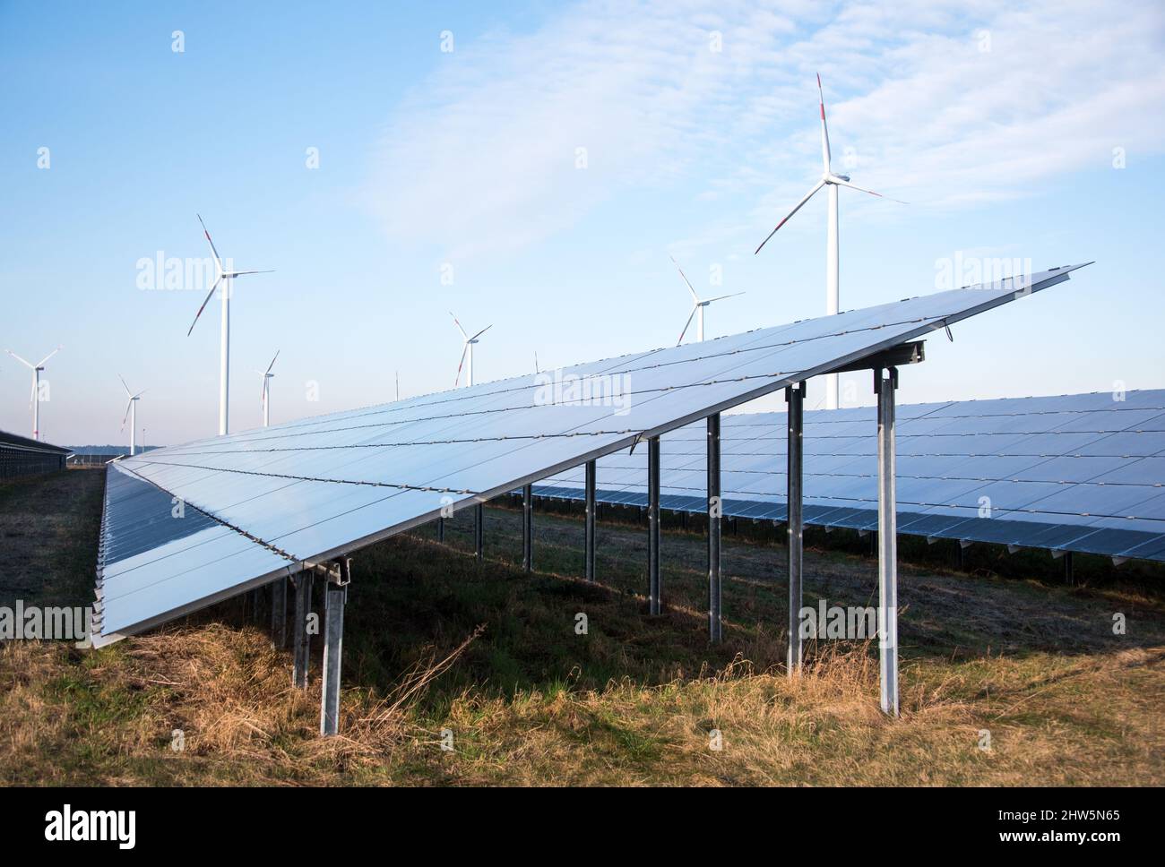 02 mars 2022, Mecklembourg-Poméranie occidentale, Lübesse : vue sur un parc solaire. Photo: Daniel Bockwoldt/ZB/dpa Banque D'Images