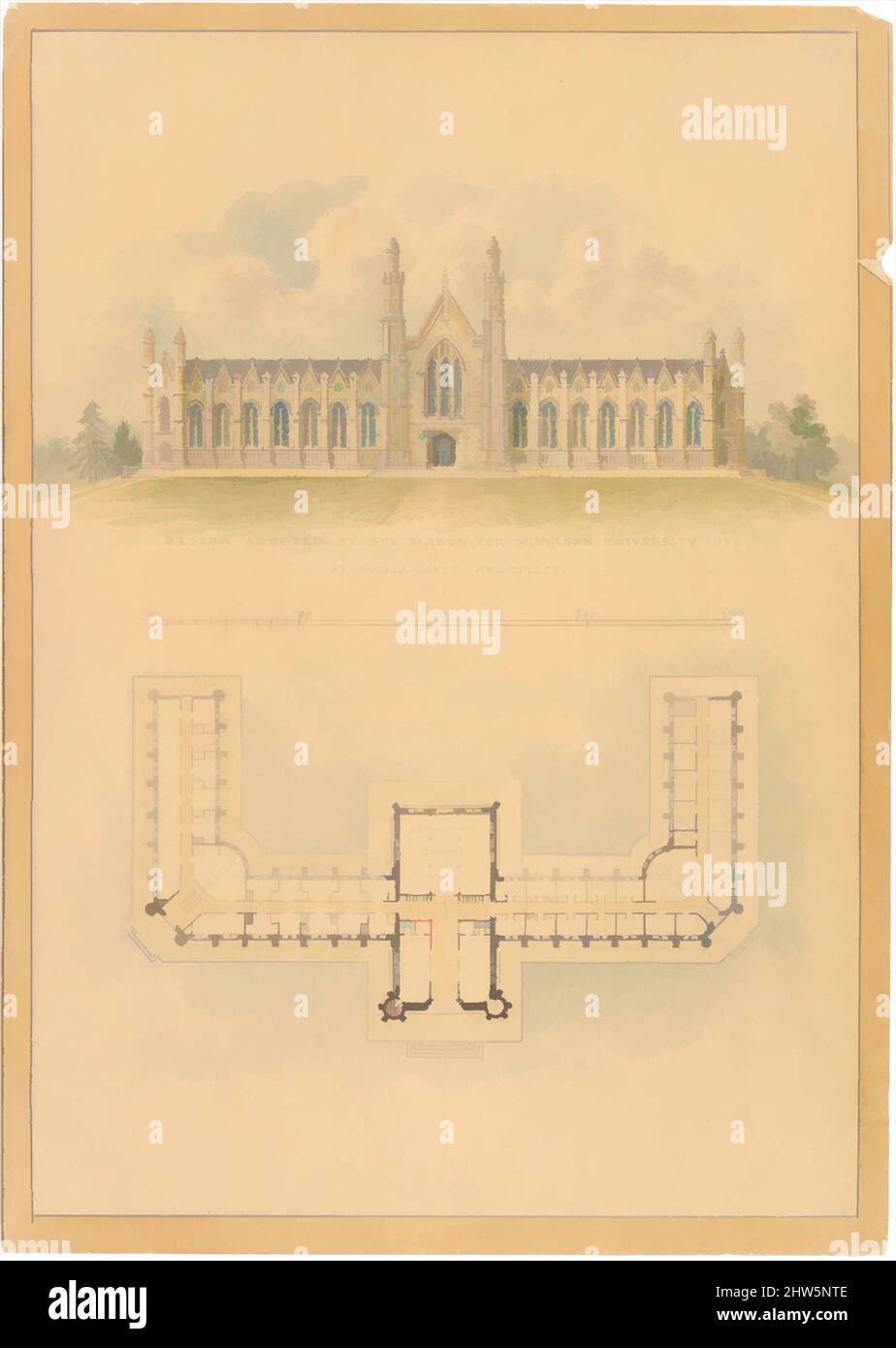 Art inspiré par le design adopté par le gouverneur Mason pour l'Université du Michigan (élévation et plan), 1838, encre et aquarelle, feuille: 14 9/16 x 10 3/8 po. (37 x 26,3 cm), dessins, Alexander Jackson Davis (américain, New York 1803–1892 West Orange, New Jersey, œuvres classiques modernisées par Artotop avec une touche de modernité. Formes, couleur et valeur, impact visuel accrocheur sur l'art émotions par la liberté d'œuvres d'art d'une manière contemporaine. Un message intemporel qui cherche une nouvelle direction créative. Artistes qui se tournent vers le support numérique et créent le NFT Artotop Banque D'Images