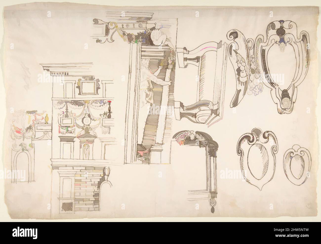 Art inspiré par le Palazzo Capodiferro (Spada), élévation partielle, détails; Santa Trinita dei Monti, Chapelle Orsini, cadre, élévation; divers détails, Perspective (recto) vierge (verso), du début au milieu du 16th siècle, encre brun foncé, craie noire, lignes incisées, dessins, Œuvres classiques modernisées par Artotop avec une touche de modernité. Formes, couleur et valeur, impact visuel accrocheur sur l'art émotions par la liberté d'œuvres d'art d'une manière contemporaine. Un message intemporel qui cherche une nouvelle direction créative. Artistes qui se tournent vers le support numérique et créent le NFT Artotop Banque D'Images