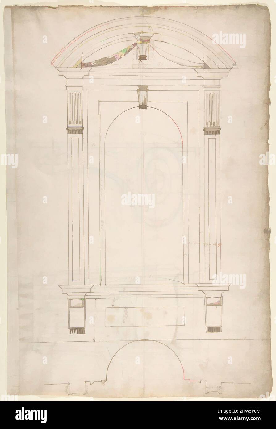 Art inspiré par St. Peter's, abside, détails de niche extérieure (recto) St Peter's, abside, élévation de niche extérieure et profil de console à rouleaux, élévation de l'axe de colonne (verso), du début au milieu du 16th siècle, encre brun foncé, craie noire, et lignes incisées, feuille: 17 5/16 x 11 13/16 po. (44, œuvres classiques modernisées par Artotop avec une touche de modernité. Formes, couleur et valeur, impact visuel accrocheur sur l'art émotions par la liberté d'œuvres d'art d'une manière contemporaine. Un message intemporel qui cherche une nouvelle direction créative. Artistes qui se tournent vers le support numérique et créent le NFT Artotop Banque D'Images