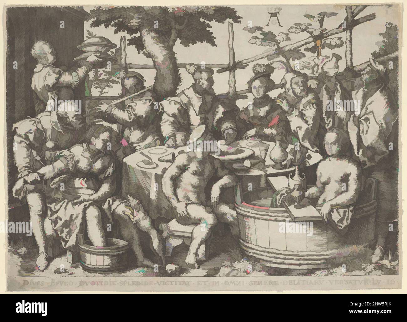 Art inspiré par l'Homme riche à sa table, de la parabole de l'Homme riche et Lazarus, 1554, gravure, feuille: 3 1/8 × 4 5/16 po. (8 × 11 cm), tirages, Heinrich Aldégraissant (allemand, Paderborn ca. 1502–1555/1561 Soest), Dives, au centre, dîner avec une femme avant un treillis. Une variété, des œuvres classiques modernisées par Artotop avec une touche de modernité. Formes, couleur et valeur, impact visuel accrocheur sur l'art émotions par la liberté d'œuvres d'art d'une manière contemporaine. Un message intemporel qui cherche une nouvelle direction créative. Artistes qui se tournent vers le support numérique et créent le NFT Artotop Banque D'Images