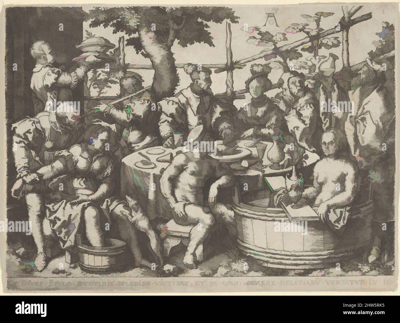 Art inspiré par l'Homme riche à sa table, de la parabole de l'Homme riche et Lazarus, 1554, gravure, feuille: 3 1/8 × 4 5/16 po. (8 × 10,9 cm), tirages, Heinrich Aldégraissant (allemand, Paderborn ca. 1502–1555/1561 Soest), Dives, au centre, dîner avec une femme avant un treillis. Une variété, des œuvres classiques modernisées par Artotop avec une touche de modernité. Formes, couleur et valeur, impact visuel accrocheur sur l'art émotions par la liberté d'œuvres d'art d'une manière contemporaine. Un message intemporel qui cherche une nouvelle direction créative. Artistes qui se tournent vers le support numérique et créent le NFT Artotop Banque D'Images