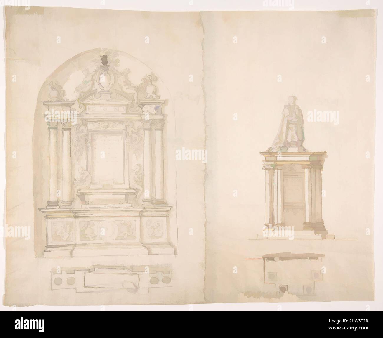 Art inspiré de deux dessins pour les tombes, 16th Century, craie noire, stylo et encre brune, brosse et lavage brun, feuille: 10 3/16 x 12 1/2 po. (25,9 x 31,7 cm), dessins, anonymes, français, 16th siècle, Œuvres classiques modernisées par Artotop avec une touche de modernité. Formes, couleur et valeur, impact visuel accrocheur sur l'art émotions par la liberté d'œuvres d'art d'une manière contemporaine. Un message intemporel qui cherche une nouvelle direction créative. Artistes qui se tournent vers le support numérique et créent le NFT Artotop Banque D'Images