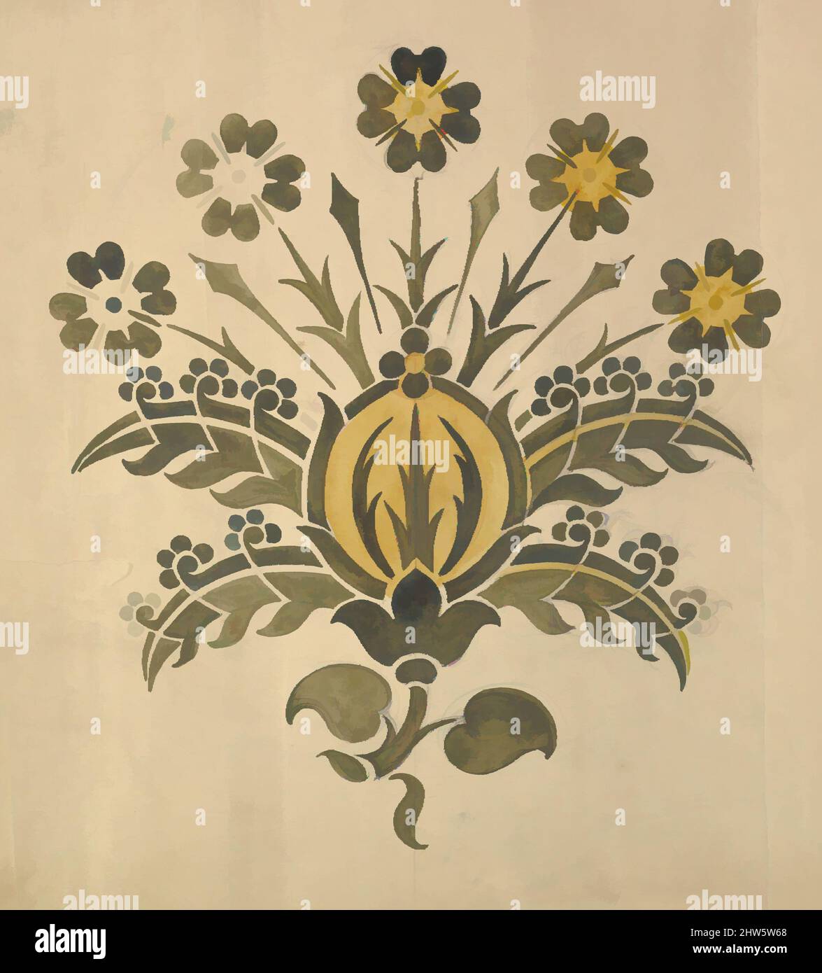 Art inspiré par le vert et le jaune fleur stylisée pour pochoir mural, fin 19th–début 20th siècle, graphite, stylo et encre et aquarelle, feuille: 18 1/4 x 19 1/2 po. (46,4 x 49,5 cm), Ernest Geldart (British, Londres 1848–1929, oeuvres classiques modernisées par Artotop avec une touche de modernité. Formes, couleur et valeur, impact visuel accrocheur sur l'art émotions par la liberté d'œuvres d'art d'une manière contemporaine. Un message intemporel qui cherche une nouvelle direction créative. Artistes qui se tournent vers le support numérique et créent le NFT Artotop Banque D'Images