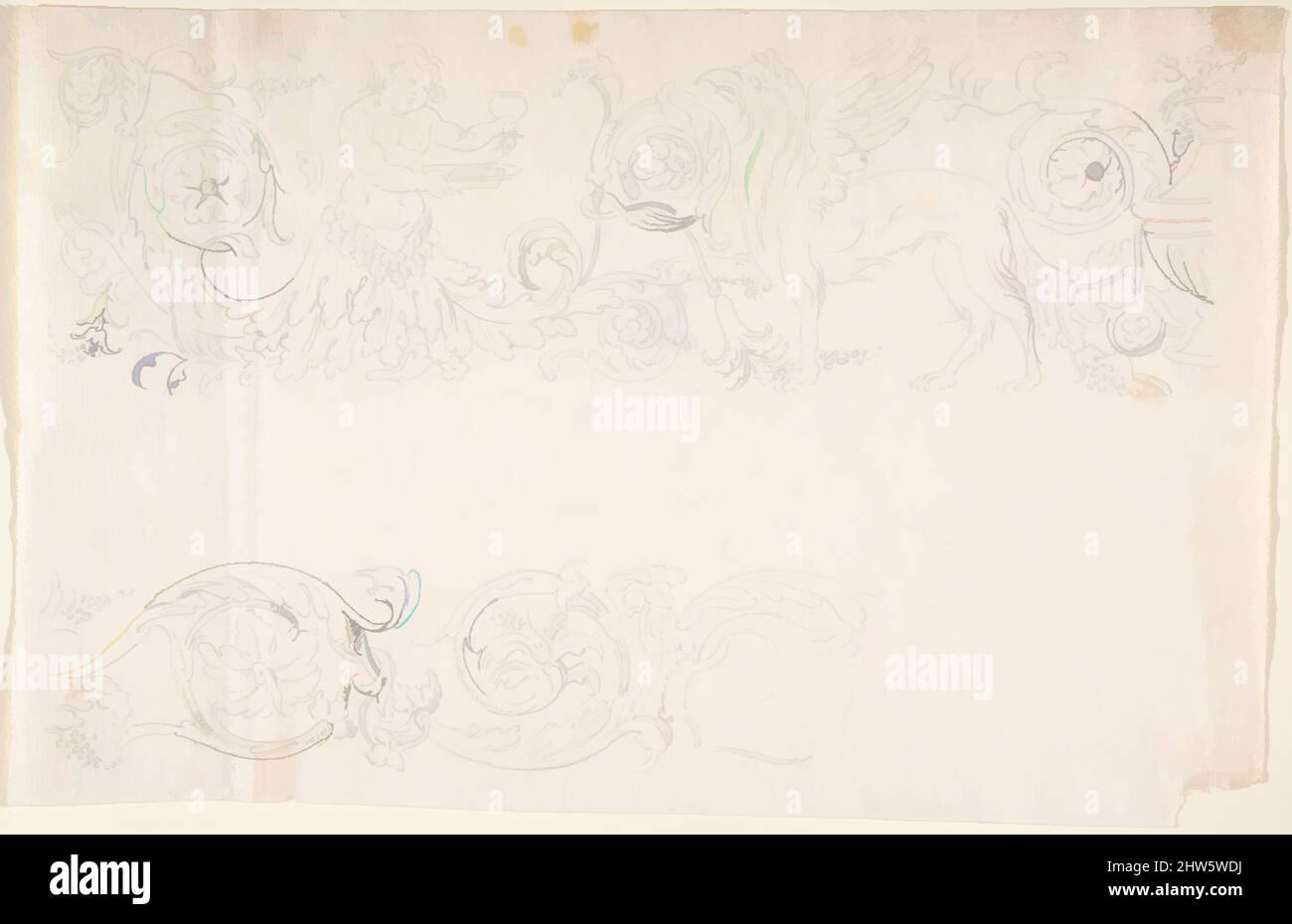Art inspiré par Designs for Decorative Borders with Floral ornementation and a Putto and Griffin, 1650–1750, stylo et encre grise sur le point de passage ou graphite(?), 7 1/4 x 11 3/16 po. (18,4 x 28,4 cm), dessins, Anonyme, Italien, 17th Century, Œuvres classiques modernisées par Artotop avec une touche de modernité. Formes, couleur et valeur, impact visuel accrocheur sur l'art émotions par la liberté d'œuvres d'art d'une manière contemporaine. Un message intemporel qui cherche une nouvelle direction créative. Artistes qui se tournent vers le support numérique et créent le NFT Artotop Banque D'Images