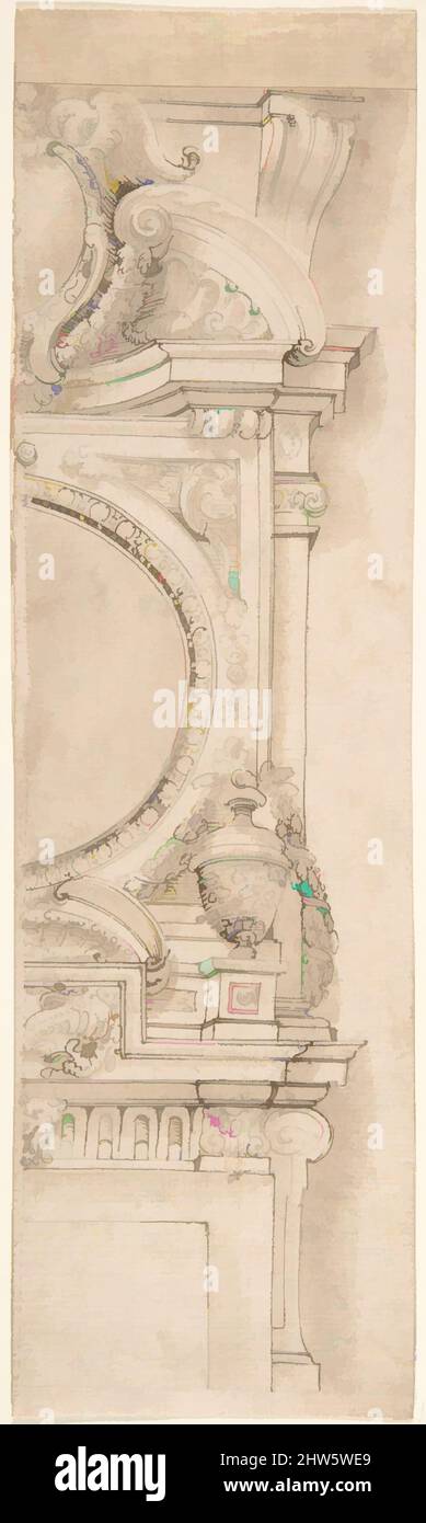 Art inspiré par le design pour la moitié droite d'un chimièce, 17th Century, encre stylo et brune, brosse et lavage brun, au-dessus du point d'entrée, 11 7/16 x 3 5/16 po. (29 x 8,4 cm) dimensions maximales; bande ajoutée en haut, dessins, Anonyme, Italien, 17th Century, Dès le dix-septième, les œuvres classiques modernisées par Artotop avec une touche de modernité. Formes, couleur et valeur, impact visuel accrocheur sur l'art émotions par la liberté d'œuvres d'art d'une manière contemporaine. Un message intemporel qui cherche une nouvelle direction créative. Artistes qui se tournent vers le support numérique et créent le NFT Artotop Banque D'Images