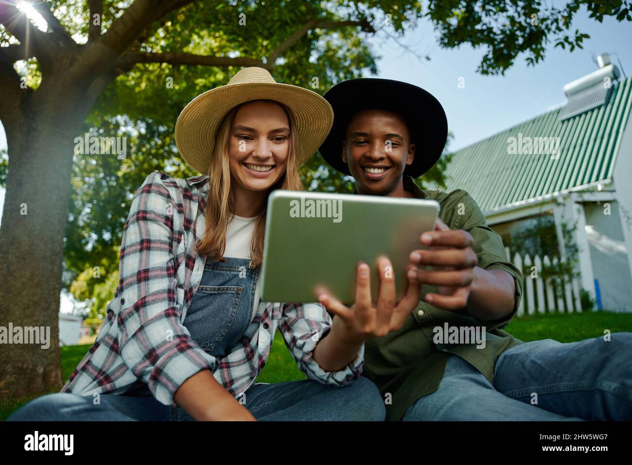 Les fameuses mixtes de race masculine et féminine se réunissent sur une herbe verte en regardant la tablette numérique Banque D'Images