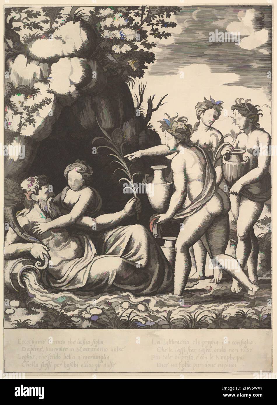 Art inspiré par Daphne embrassant son père, le Dieu-rivière Peneus, à gauche trois nymphes apportent des bocaux de la 'conservateur d'Apollon et de Daphne', 1530–60, gravure, feuille: 7 1/8 x 9 5/8 po. (18,1 x 24,4 cm) environ, estampes, Maître de la matrice (italien, active Rome, env. 1530–60, œuvres classiques modernisées par Artotop avec une touche de modernité. Formes, couleur et valeur, impact visuel accrocheur sur l'art émotions par la liberté d'œuvres d'art d'une manière contemporaine. Un message intemporel qui cherche une nouvelle direction créative. Artistes qui se tournent vers le support numérique et créent le NFT Artotop Banque D'Images