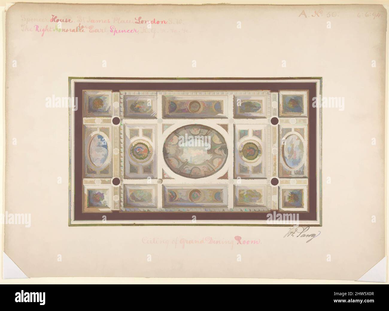 Art inspiré par le plafond de la salle à manger, Spencer House, St. James Palace, Londres, vers 1870, env. 1870, aquarelle sur graphite, feuille : 7 1/16 x 11 3/4 po. (17,9 x 29,8 cm), Frederick sang (britannique, actif 1868–70, oeuvres classiques modernisées par Artotop avec une touche de modernité. Formes, couleur et valeur, impact visuel accrocheur sur l'art émotions par la liberté d'œuvres d'art d'une manière contemporaine. Un message intemporel qui cherche une nouvelle direction créative. Artistes qui se tournent vers le support numérique et créent le NFT Artotop Banque D'Images