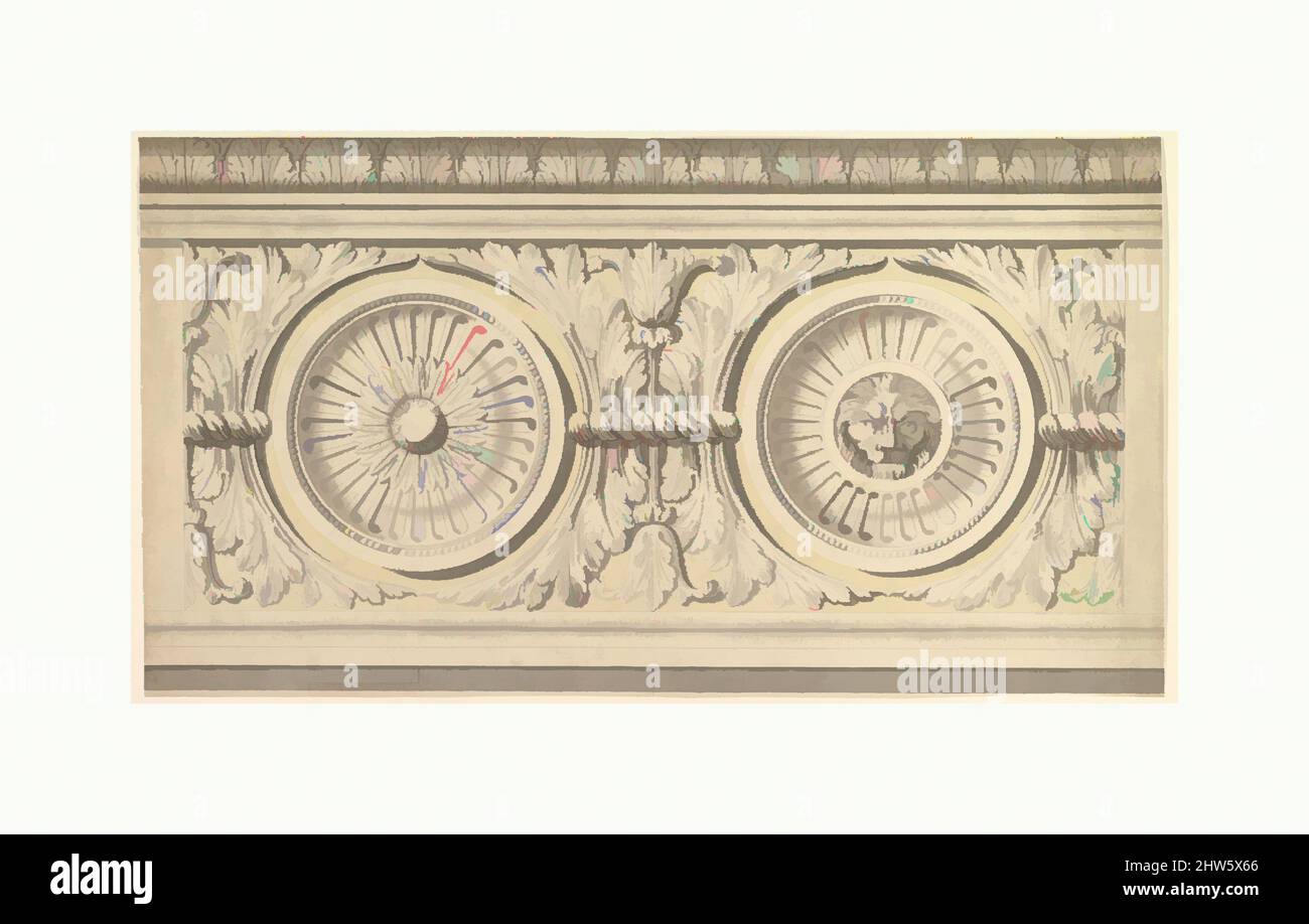 Art inspiré par Design for a Frieze, orné de Paterae à tête de lion, fin 18th–début 19th siècle, stylo et lavage gris, feuille : 13 1/2 x 25 3/4 po. (34,3 x 65,4 cm), John Yenn (Grande-Bretagne, Londres (?) 1750–1821 Londres, œuvres classiques modernisées par Artotop avec une touche de modernité. Formes, couleur et valeur, impact visuel accrocheur sur l'art émotions par la liberté d'œuvres d'art d'une manière contemporaine. Un message intemporel qui cherche une nouvelle direction créative. Artistes qui se tournent vers le support numérique et créent le NFT Artotop Banque D'Images