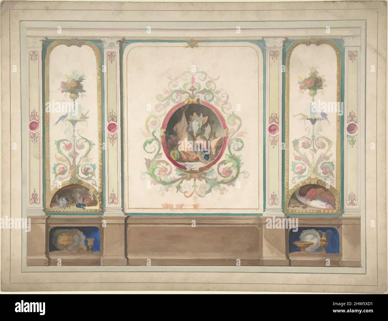 Art inspiré par le design des panneaux décoratifs avec des scènes de chasse Inset, 1854, Aquarelle, feuille: 10 x 13 1/4 po. (25,4 x 33,7 cm), J. S. Pearse (britannique, active 1854–68, œuvres classiques modernisées par Artotop avec une touche de modernité. Formes, couleur et valeur, impact visuel accrocheur sur l'art émotions par la liberté d'œuvres d'art d'une manière contemporaine. Un message intemporel qui cherche une nouvelle direction créative. Artistes qui se tournent vers le support numérique et créent le NFT Artotop Banque D'Images