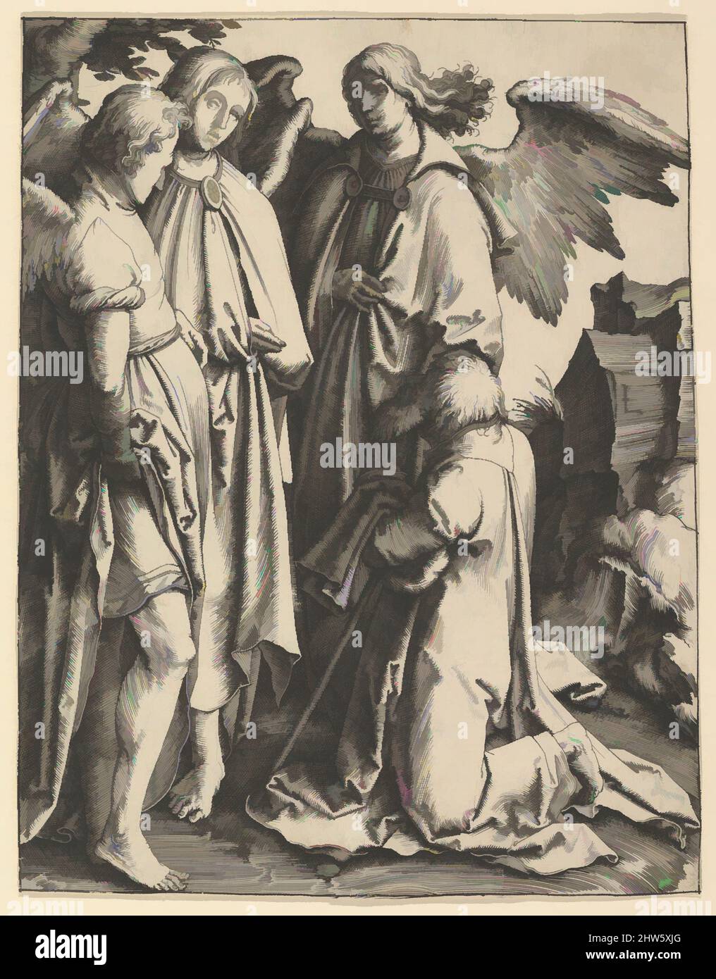 Art inspiré par Abraham et trois Anges, ca. 1513, gravure, feuille : 6 15/16 x 5 7/16 po. (17,6 x 13,8 cm), tirages, Lucas van Leyden (Netherlandish, Leiden ca. 1494–1533 Leiden, œuvres classiques modernisées par Artotop avec une touche de modernité. Formes, couleur et valeur, impact visuel accrocheur sur l'art émotions par la liberté d'œuvres d'art d'une manière contemporaine. Un message intemporel qui cherche une nouvelle direction créative. Artistes qui se tournent vers le support numérique et créent le NFT Artotop Banque D'Images