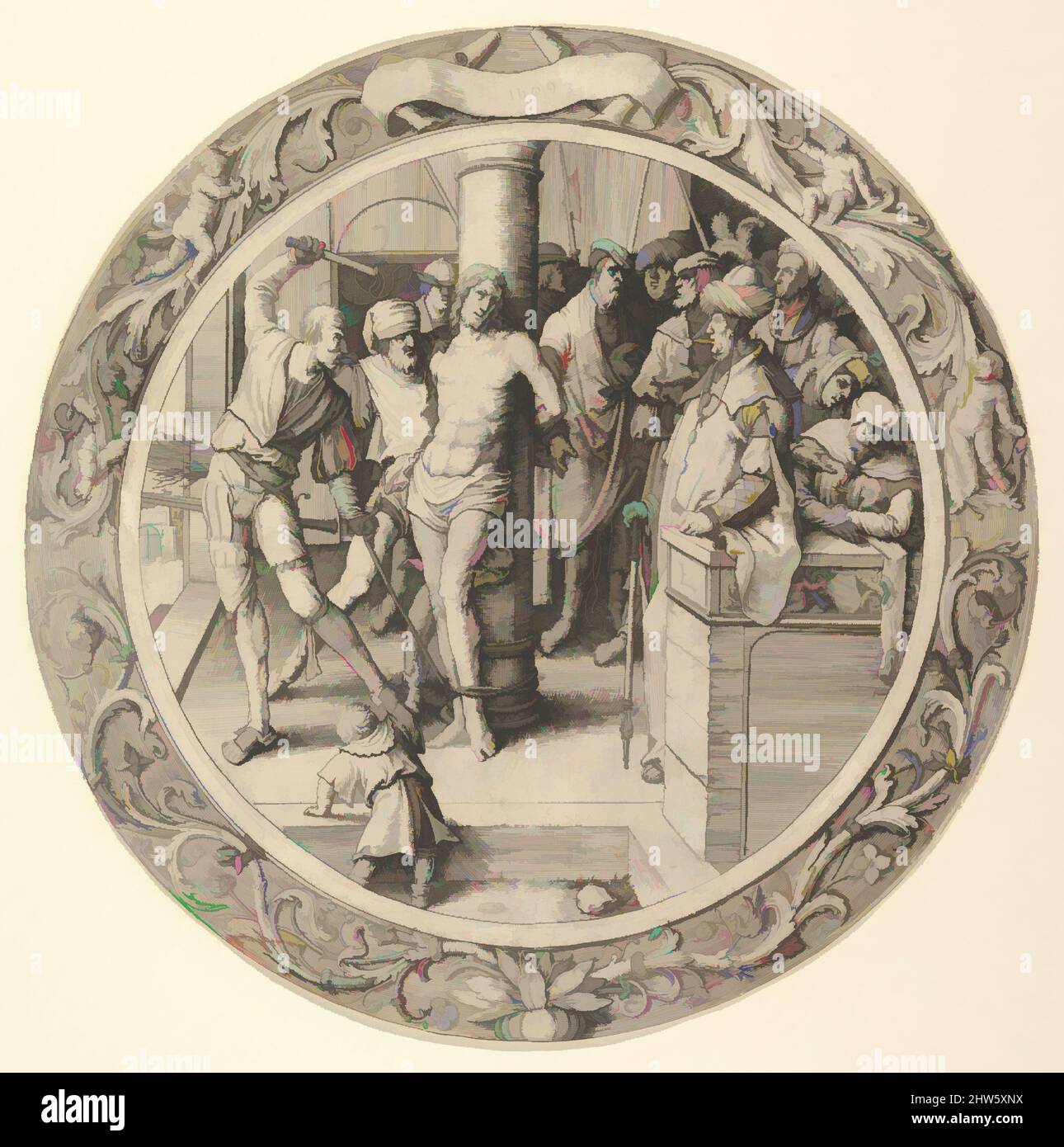 Art inspiré par la flagellation, de la passion circulaire, 1509, gravure, diamètre : 11 1/8 po. (28,3 cm), Prints, Lucas van Leyden (Netherlandish, Leiden ca. 1494–1533 Leiden), Lucas van Leyden aurait conçu les imprimés élégants et subtils de la Circular passion en tant que modèles, les œuvres classiques modernisées par Artotop avec une touche de modernité. Formes, couleur et valeur, impact visuel accrocheur sur l'art émotions par la liberté d'œuvres d'art d'une manière contemporaine. Un message intemporel qui cherche une nouvelle direction créative. Artistes qui se tournent vers le support numérique et créent le NFT Artotop Banque D'Images