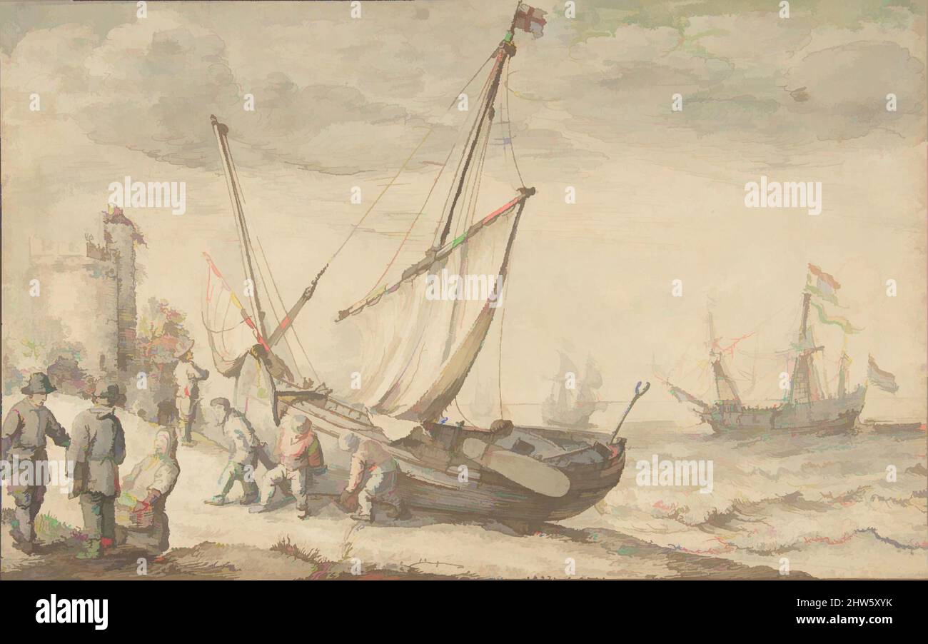 Art inspiré par les pêcheurs haulant leur bateau sur la rive, s.d., craie noire, stylo et encre brune, aquarelle, feuille: 6 3/4 x 10 11/16 po. (17,1 x 27,1 cm), dessins, Adam Willaerts (Netherlandish, Londres 1577–1664 Utrecht, œuvres classiques modernisées par Artotop avec une touche de modernité. Formes, couleur et valeur, impact visuel accrocheur sur l'art émotions par la liberté d'œuvres d'art d'une manière contemporaine. Un message intemporel qui cherche une nouvelle direction créative. Artistes qui se tournent vers le support numérique et créent le NFT Artotop Banque D'Images