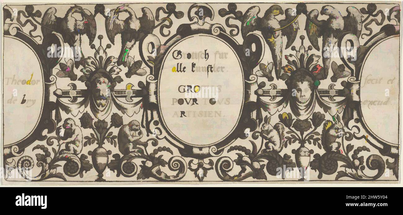 Art inspiré par la page de titre, de Grotisch fur Alle Kunstler, 1580–1600, gravure, feuille : 2 5/8 x 5 3/4 po. (6,6 x 14,6 cm), Theodor de Bry (Netherlandish, Liège 1528–1598 Francfort), page de titre pour une série de quatre assiettes, avec le titre en allemand et en français dans un ovale, oeuvres classiques modernisées par Artotop avec une touche de modernité. Formes, couleur et valeur, impact visuel accrocheur sur l'art émotions par la liberté d'œuvres d'art d'une manière contemporaine. Un message intemporel qui cherche une nouvelle direction créative. Artistes qui se tournent vers le support numérique et créent le NFT Artotop Banque D'Images