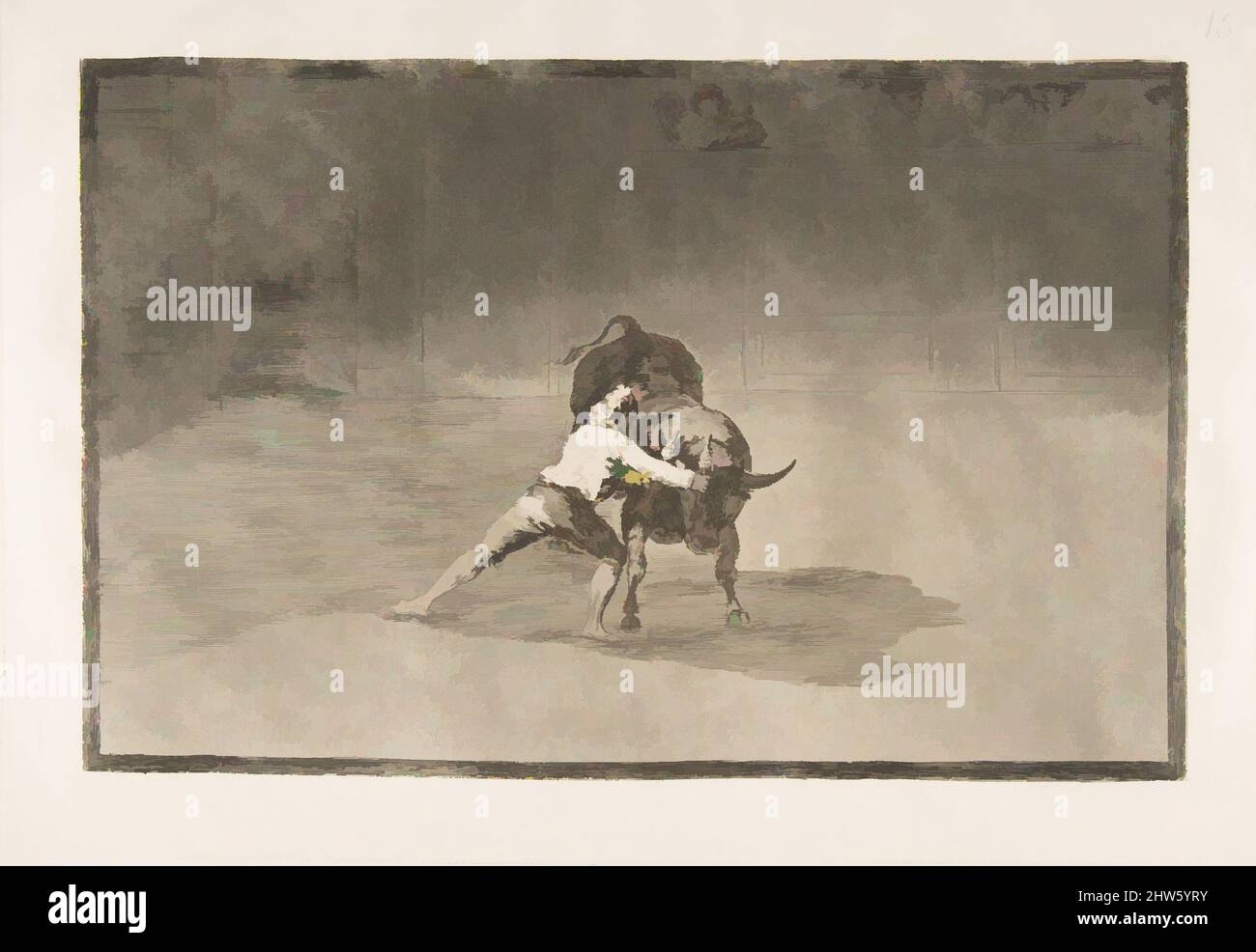 Art inspiré par la planche 15 de la 'Tauromaquia': Le célèbre Martincho place les banderillas jouant le taureau avec le mouvement de son corps., 1816, Etching, burnished aquatint, drypoint et burin, Plaque : 9 3/4 × 13 7/8 po (24,7 × 35,2 cm), Prints, Goya (Francisco de Goya y Lucientes, oeuvres classiques modernisées par Artotop avec une touche de modernité. Formes, couleur et valeur, impact visuel accrocheur sur l'art émotions par la liberté d'œuvres d'art d'une manière contemporaine. Un message intemporel qui cherche une nouvelle direction créative. Artistes qui se tournent vers le support numérique et créent le NFT Artotop Banque D'Images